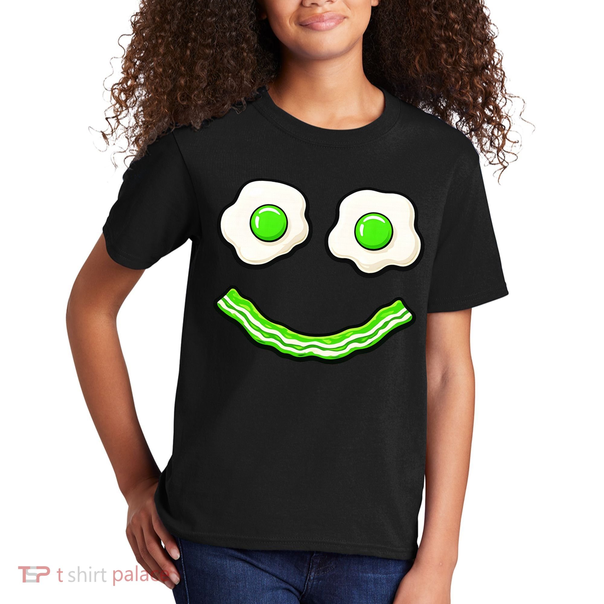 Green Smile Face Eggs And Bacon Ham Breakfast Kids T-Shirt
