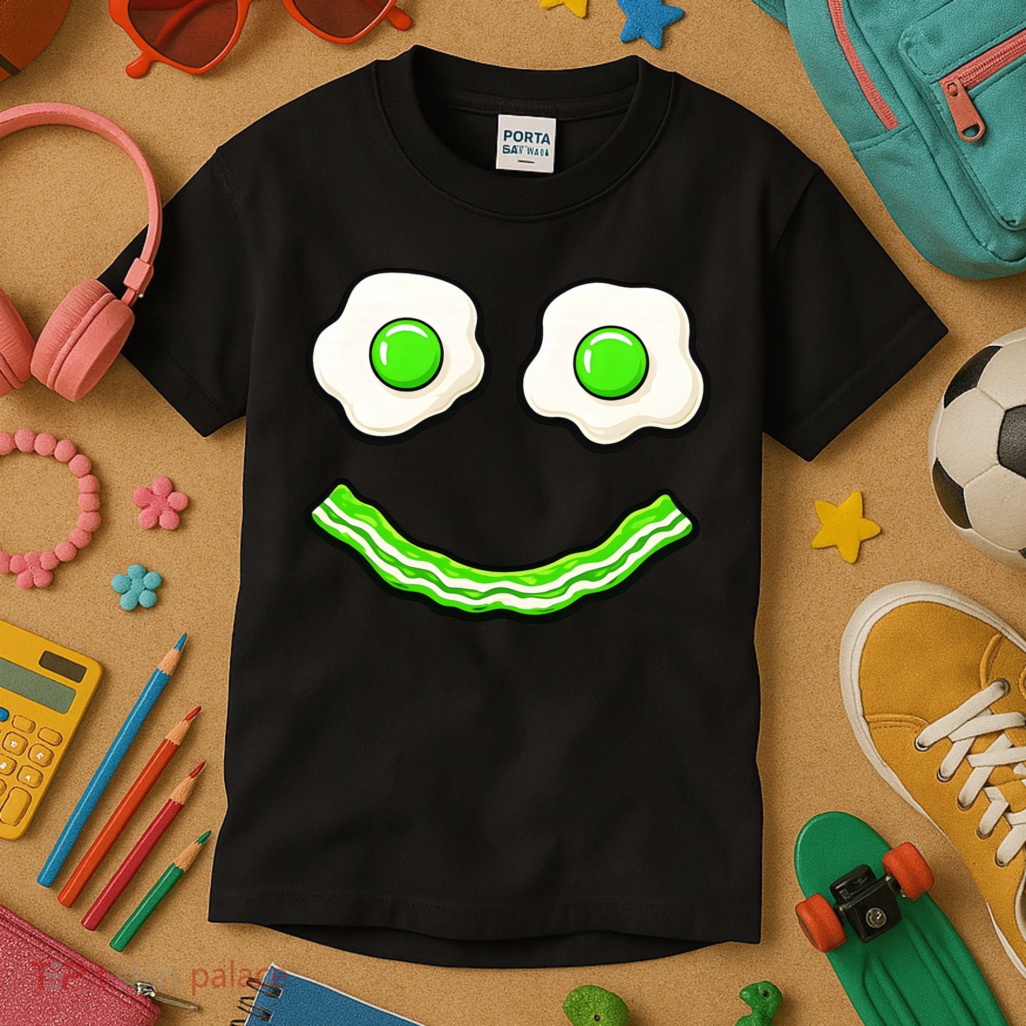 Green Smile Face Eggs And Bacon Ham Breakfast Kids T-Shirt
