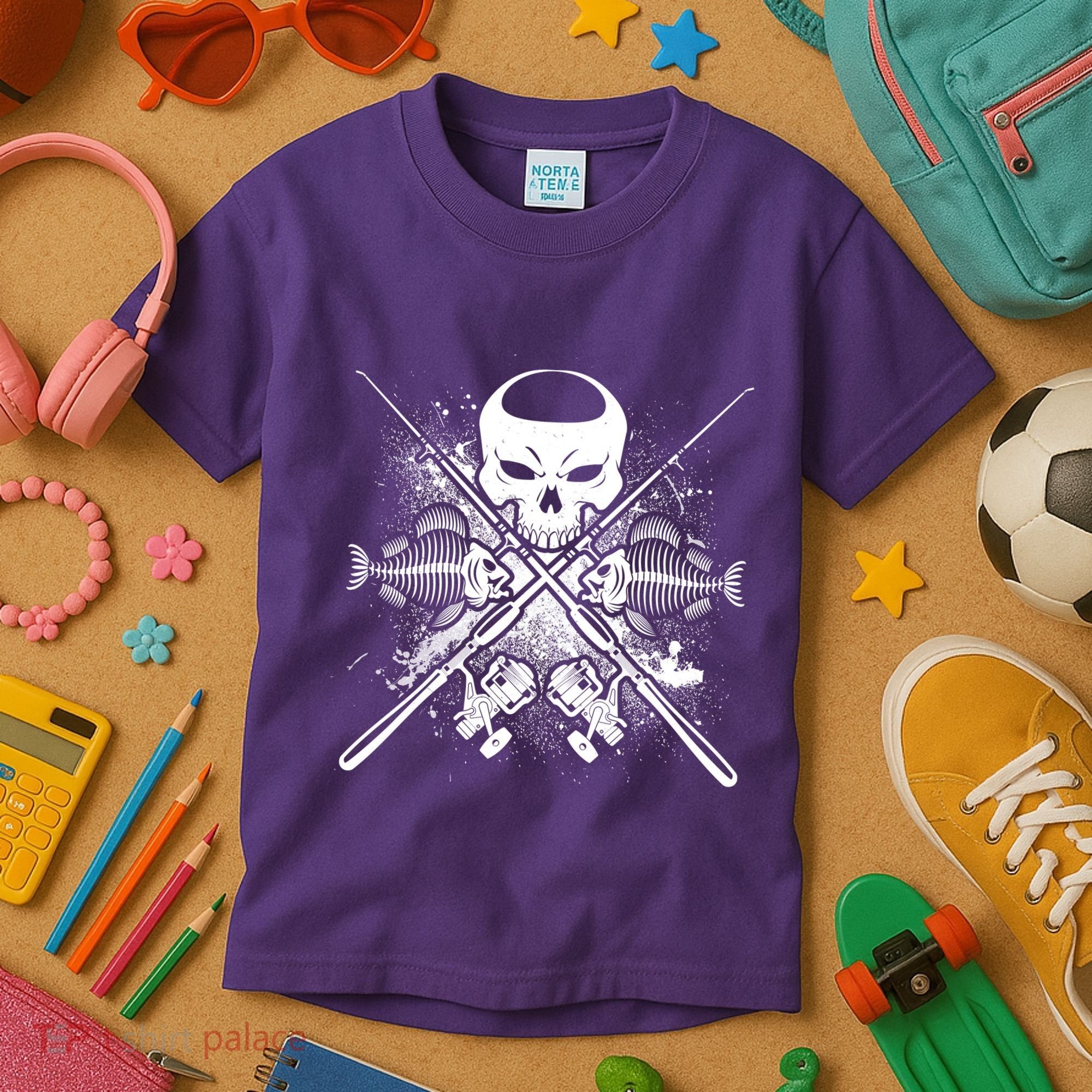 Grunge Skull Fish Bone Fishing Kids T-Shirt