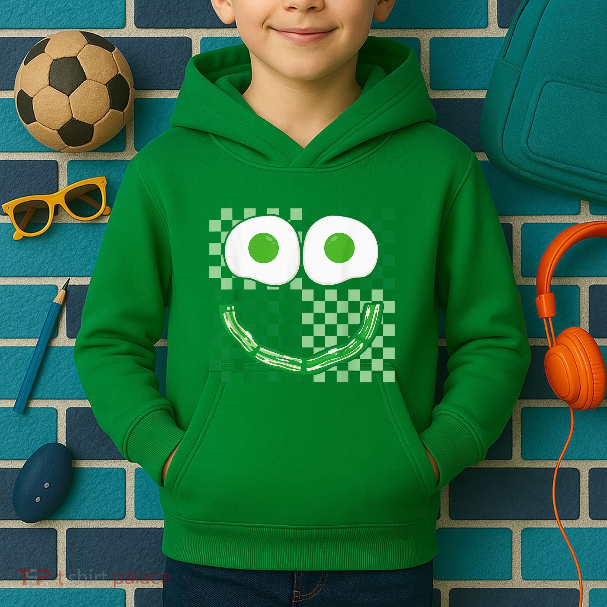 Green Smile Face Eggs And Bacon Ham Breakfast St PatrickS Kids Hoodie