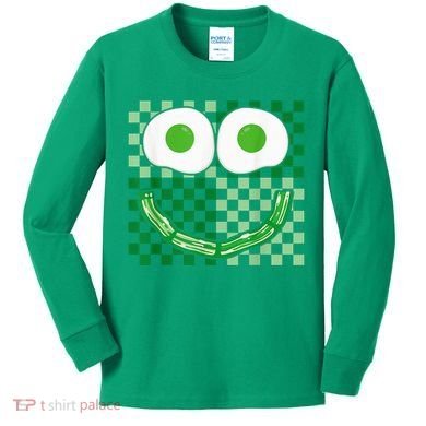 Green Smile Face Eggs And Bacon Ham Breakfast St PatrickS Kids Long Sleeve Shirt
