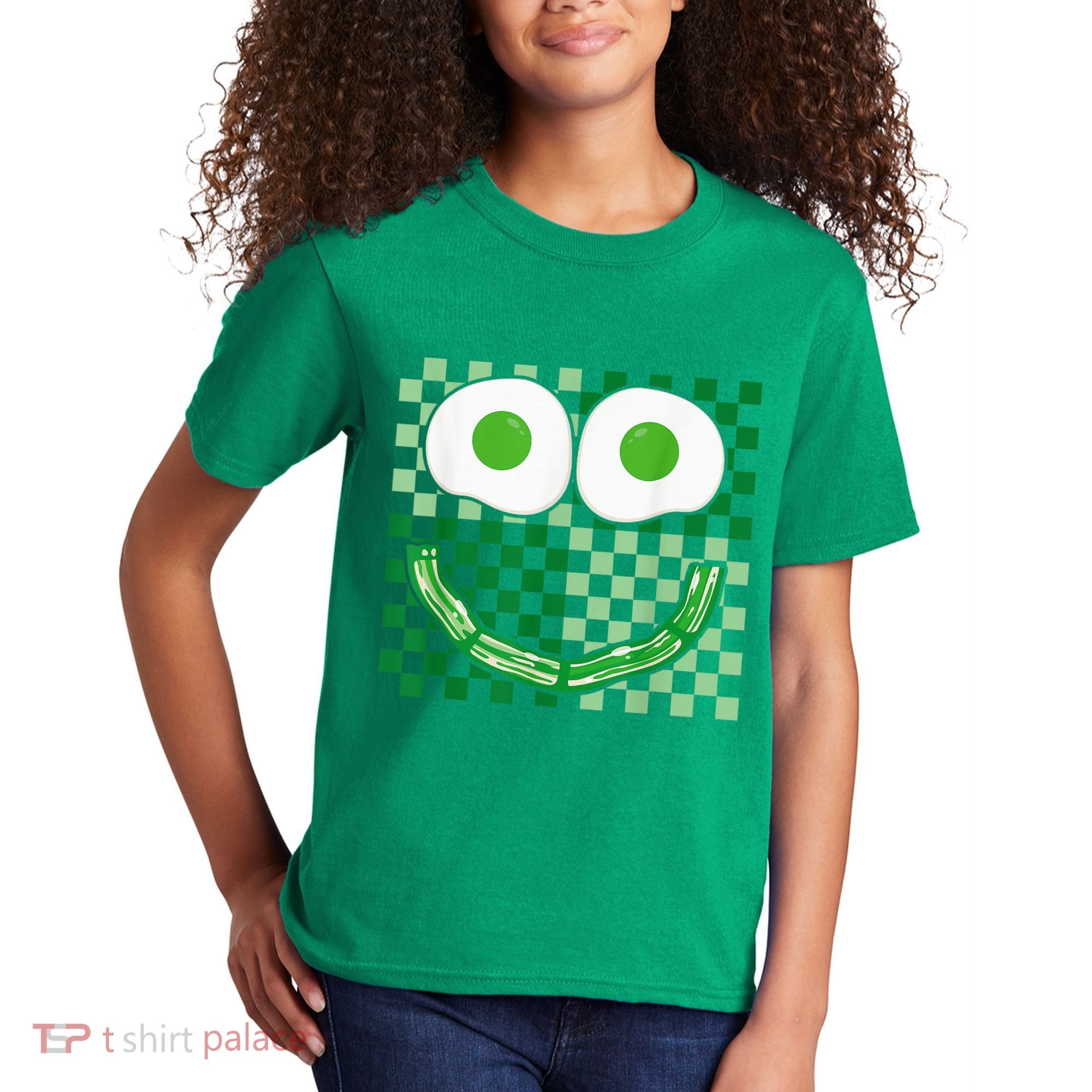 Green Smile Face Eggs And Bacon Ham Breakfast St PatrickS Kids T-Shirt