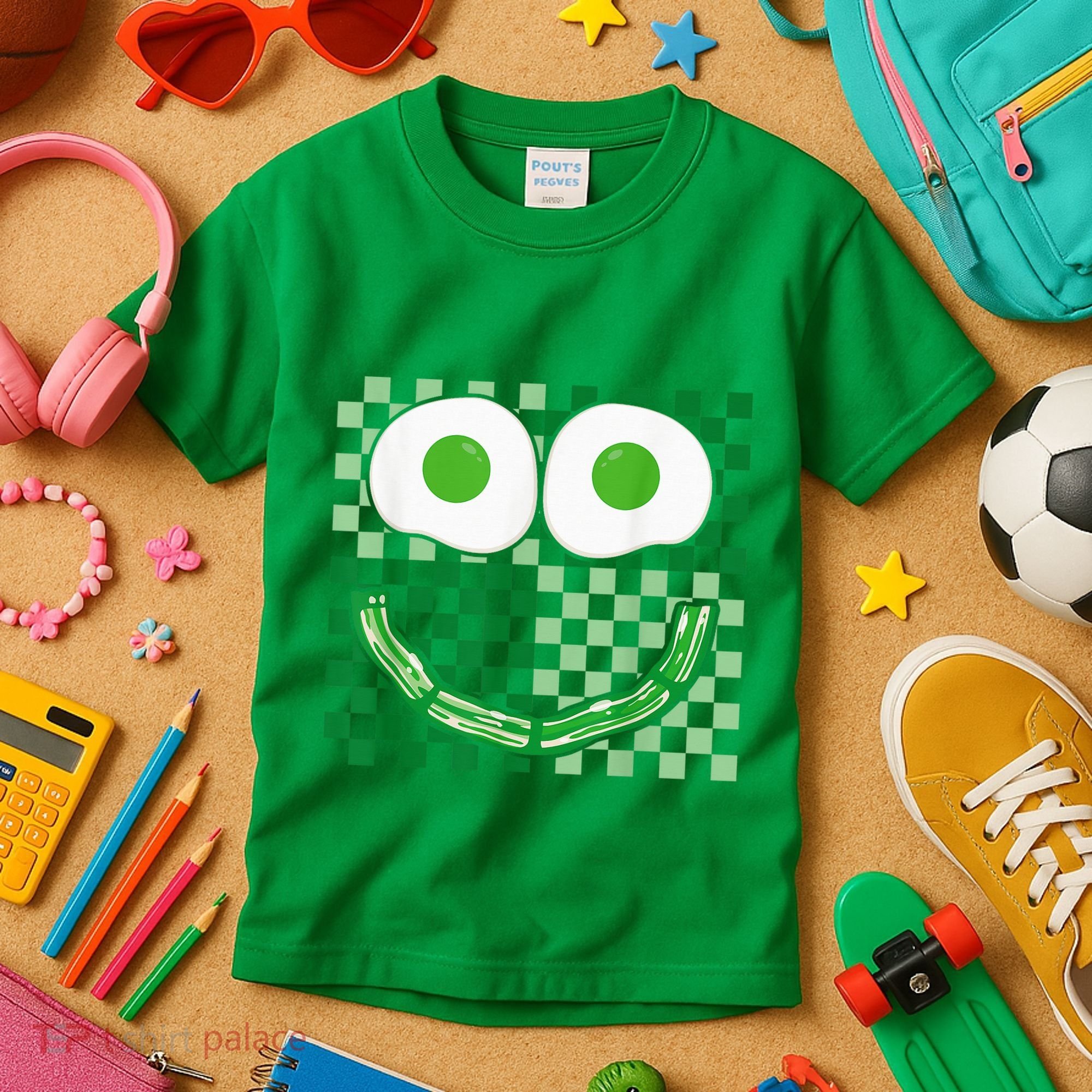 Green Smile Face Eggs And Bacon Ham Breakfast St PatrickS Kids T-Shirt