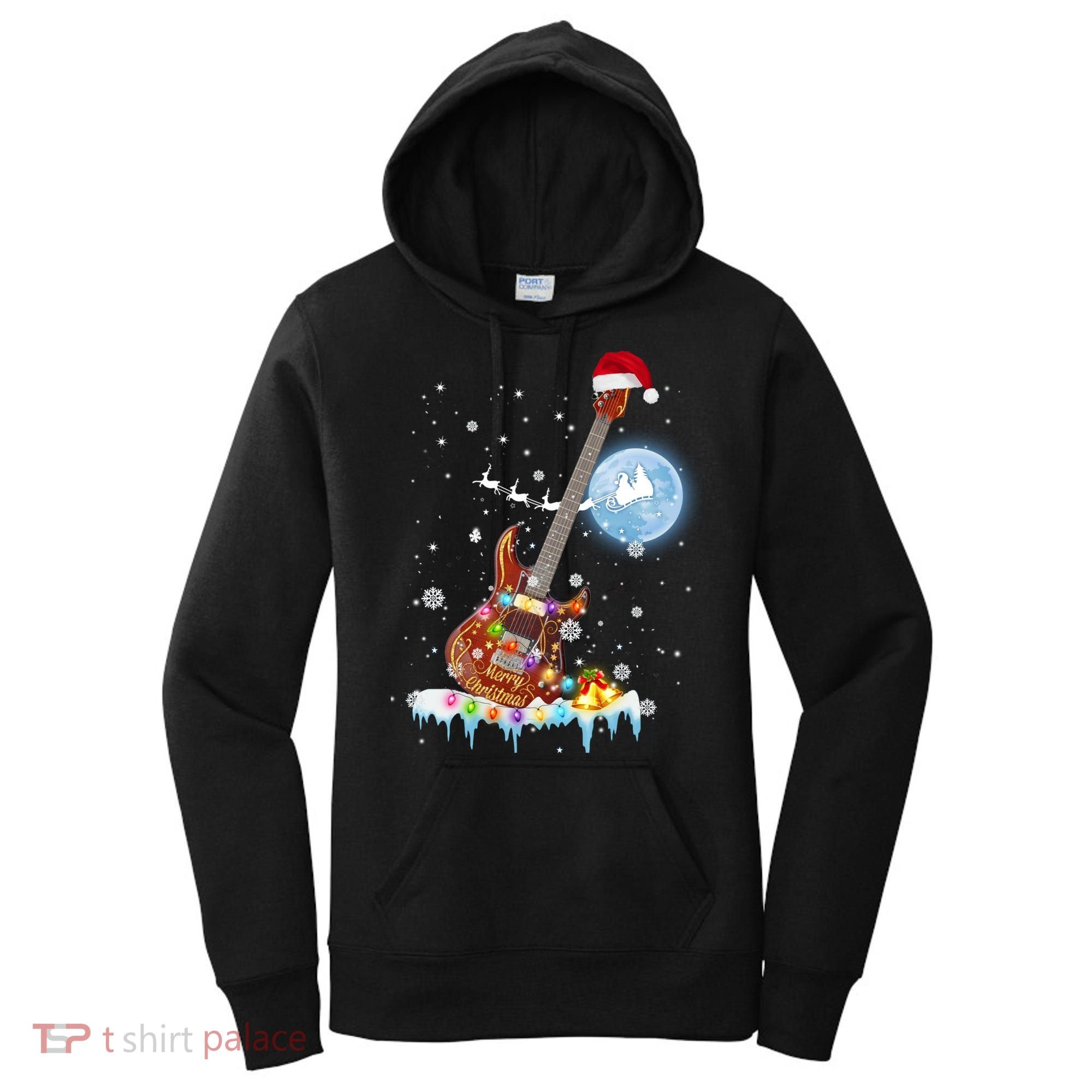 Guitar Santa Hat Christmas Tree Funny Music Loves Xmas Gift Women's Hoodie