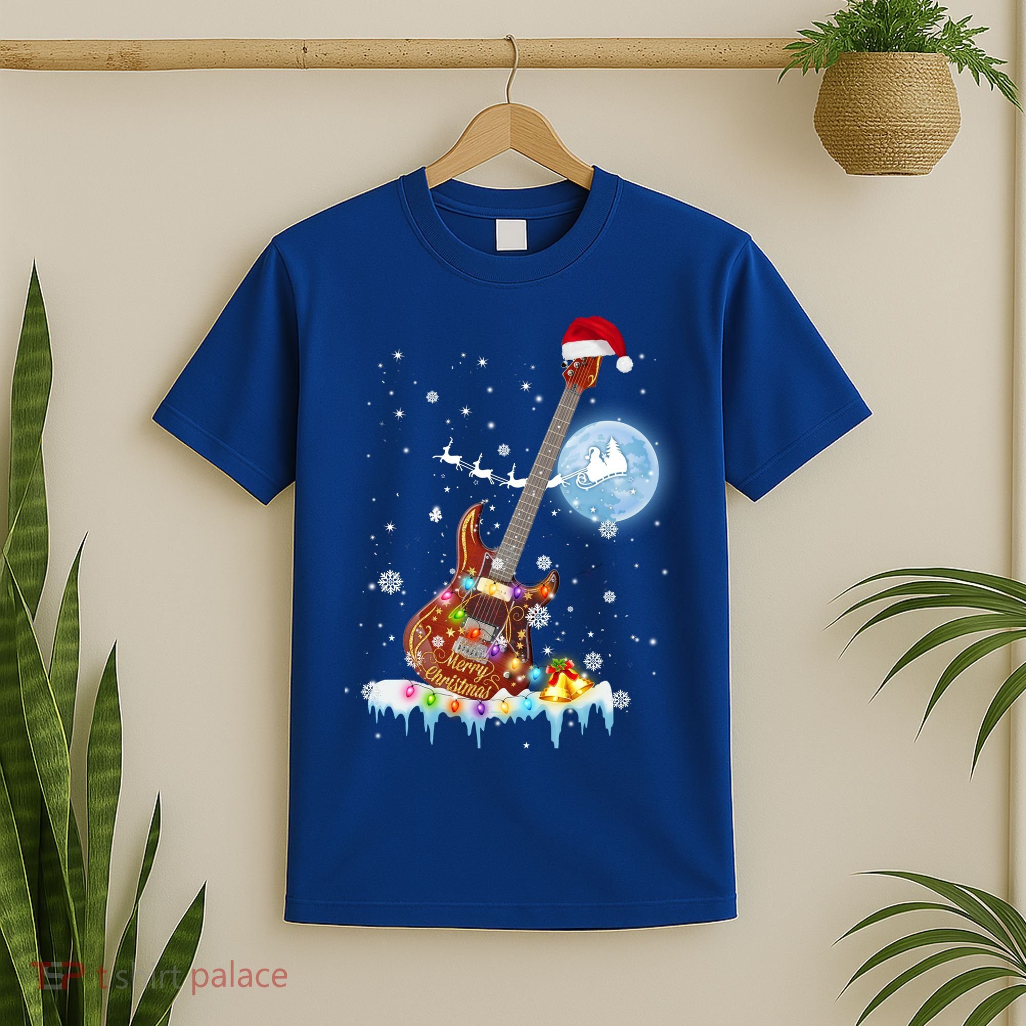 Guitar Santa Hat Christmas Tree Funny Music Loves Xmas Gift T-Shirt