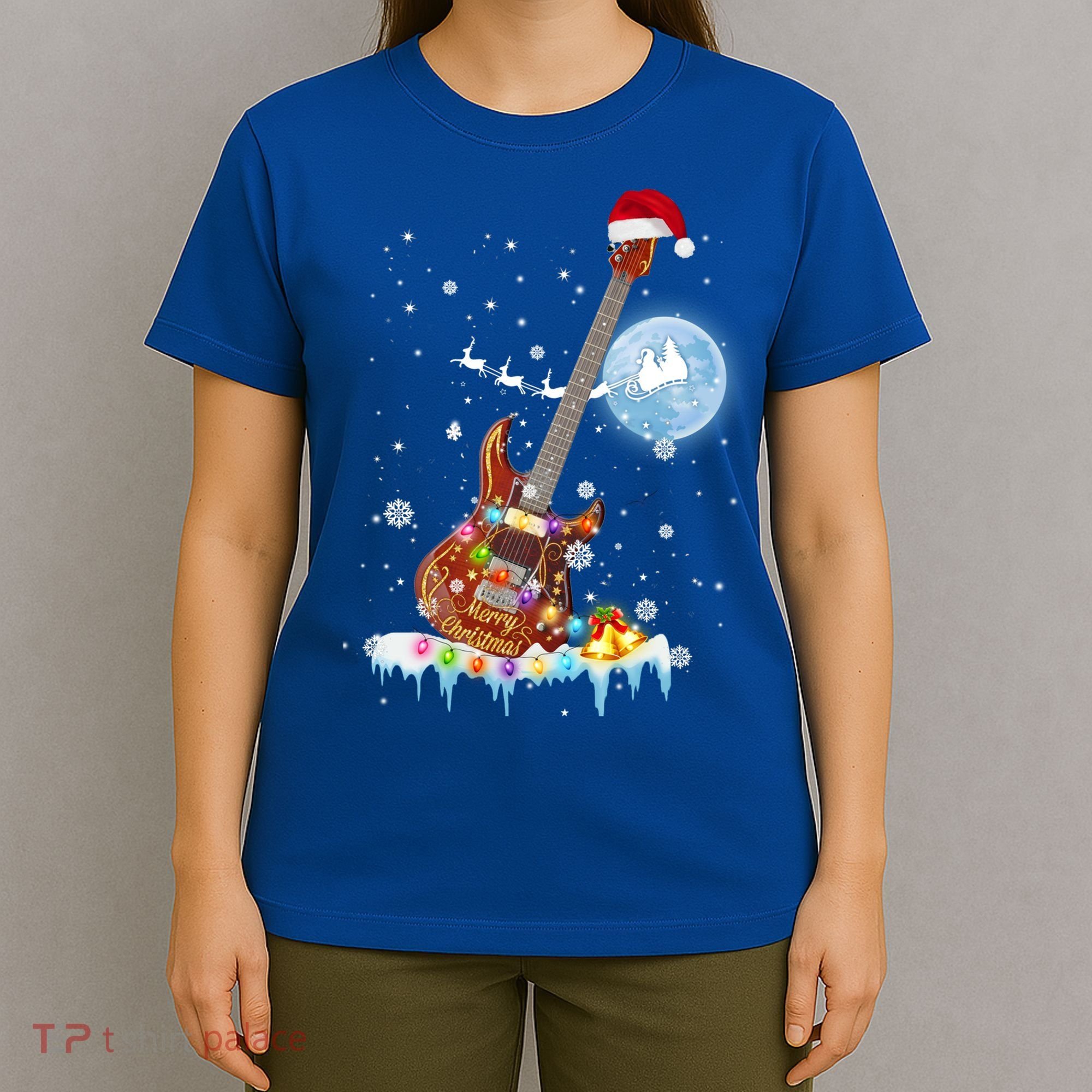 Guitar Santa Hat Christmas Tree Funny Music Loves Xmas Gift T-Shirt