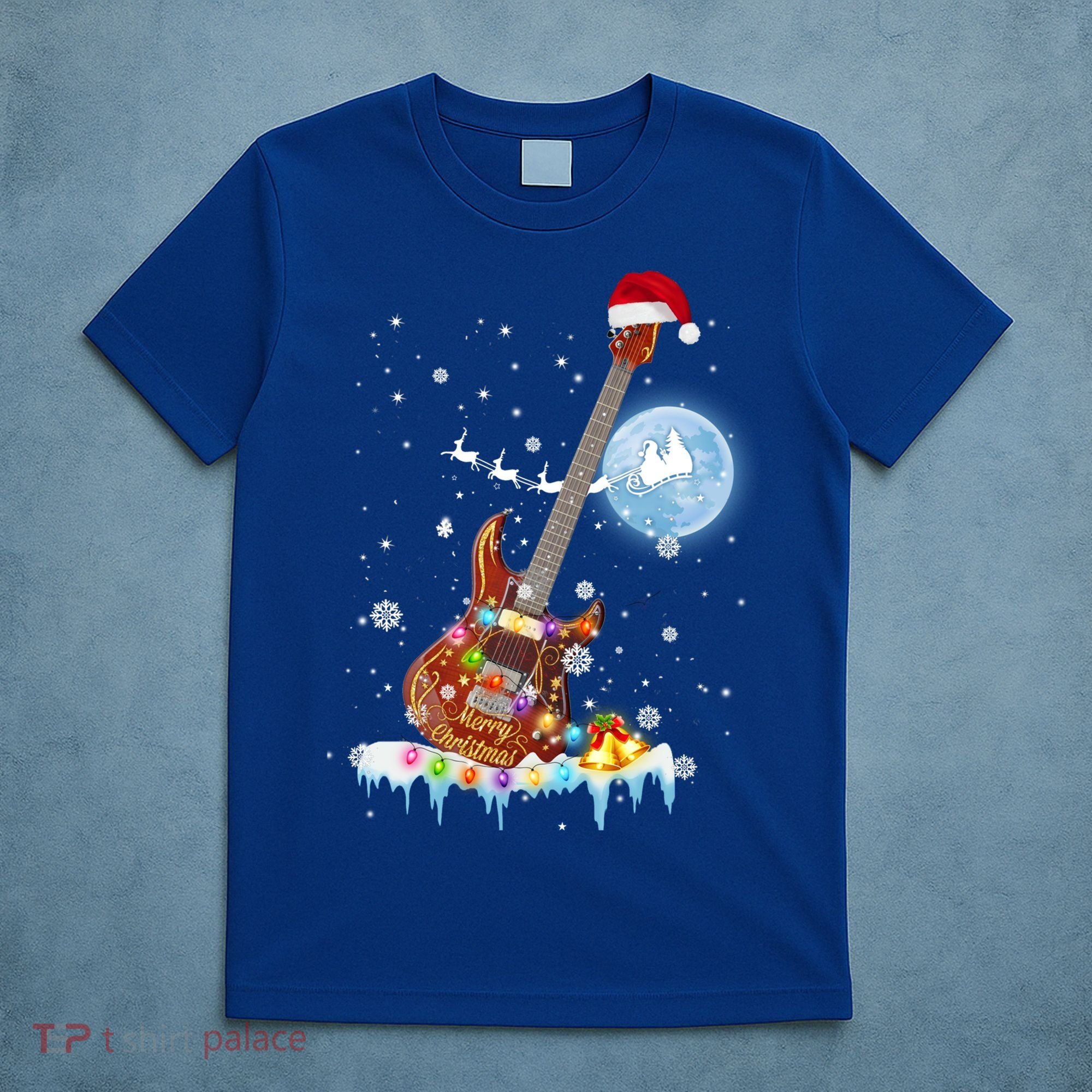 Guitar Santa Hat Christmas Tree Funny Music Loves Xmas Gift T-Shirt
