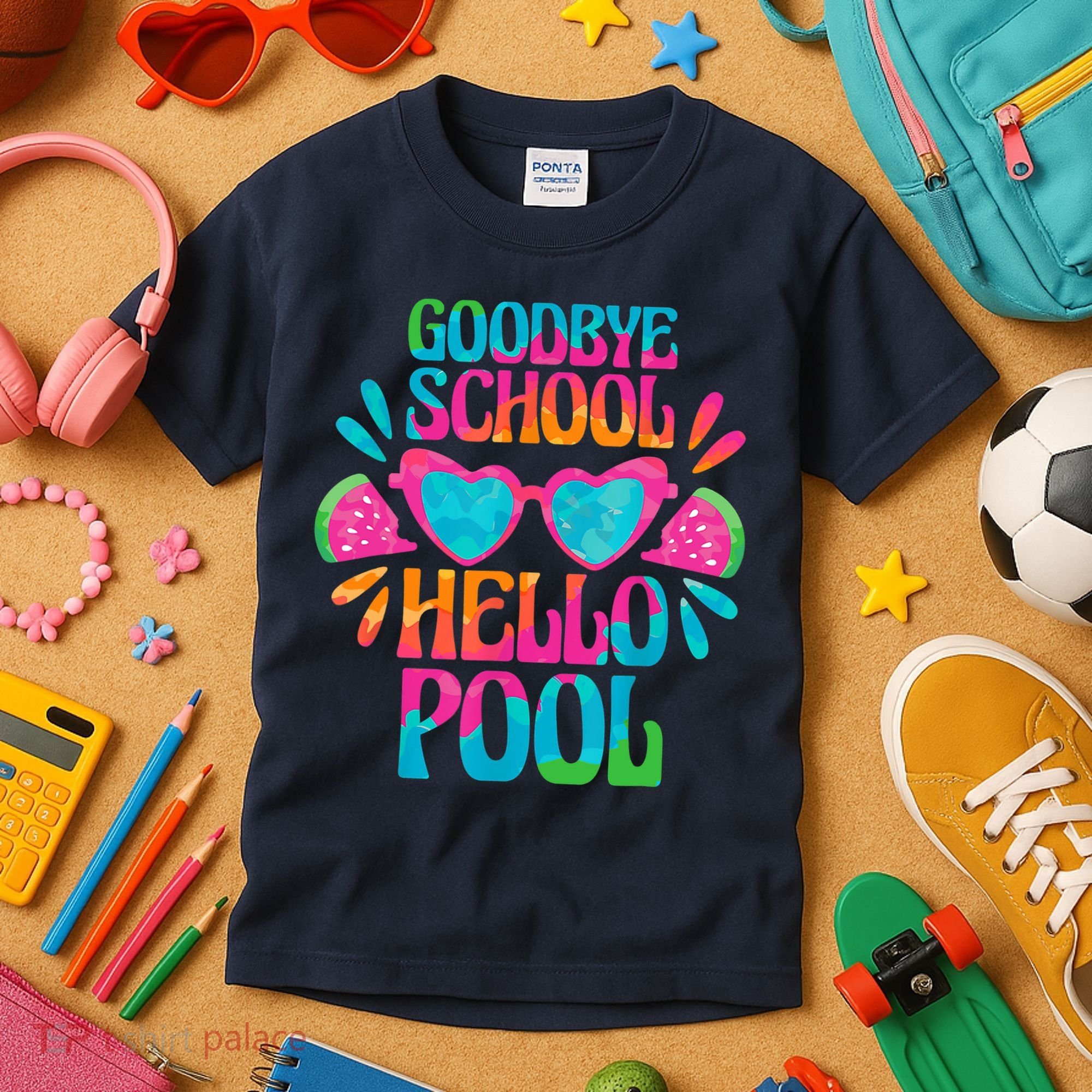 Goodbye School Hello Pool Watermelon Last Day Of School Kids T-Shirt