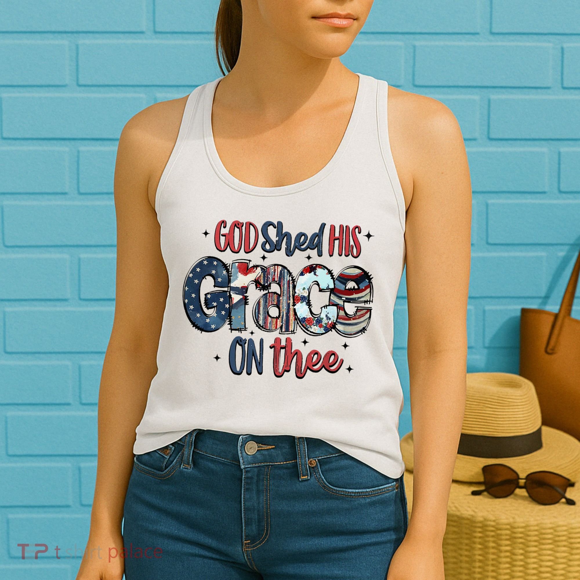 God Shed His Grace On Thee 4th Of July Groovy Patriotic Women's Tank Top