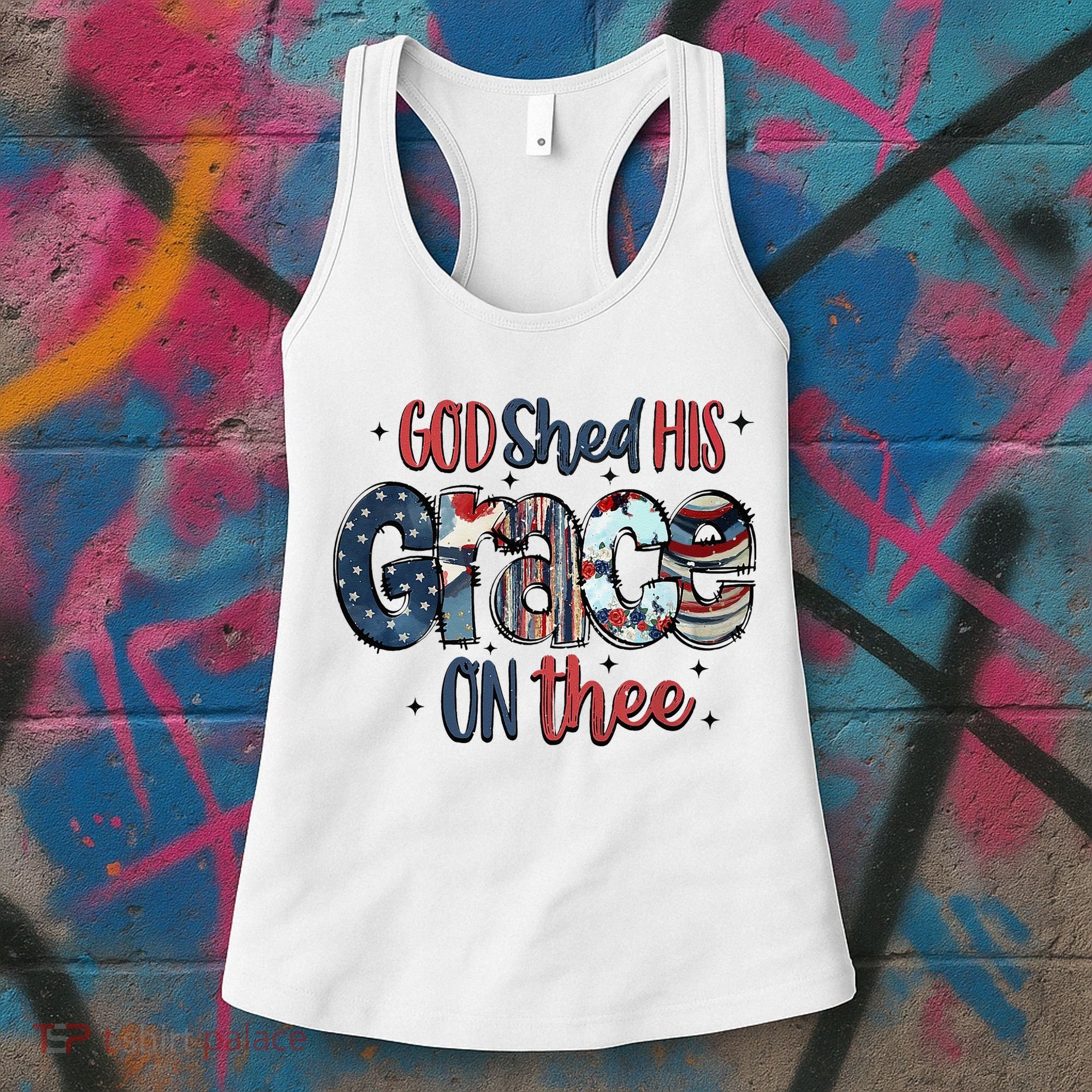God Shed His Grace On Thee 4th Of July Groovy Patriotic Women's Tank Top