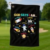 God Says I Am Outer Space Themed Bible Christian Golf Towel thumb 1