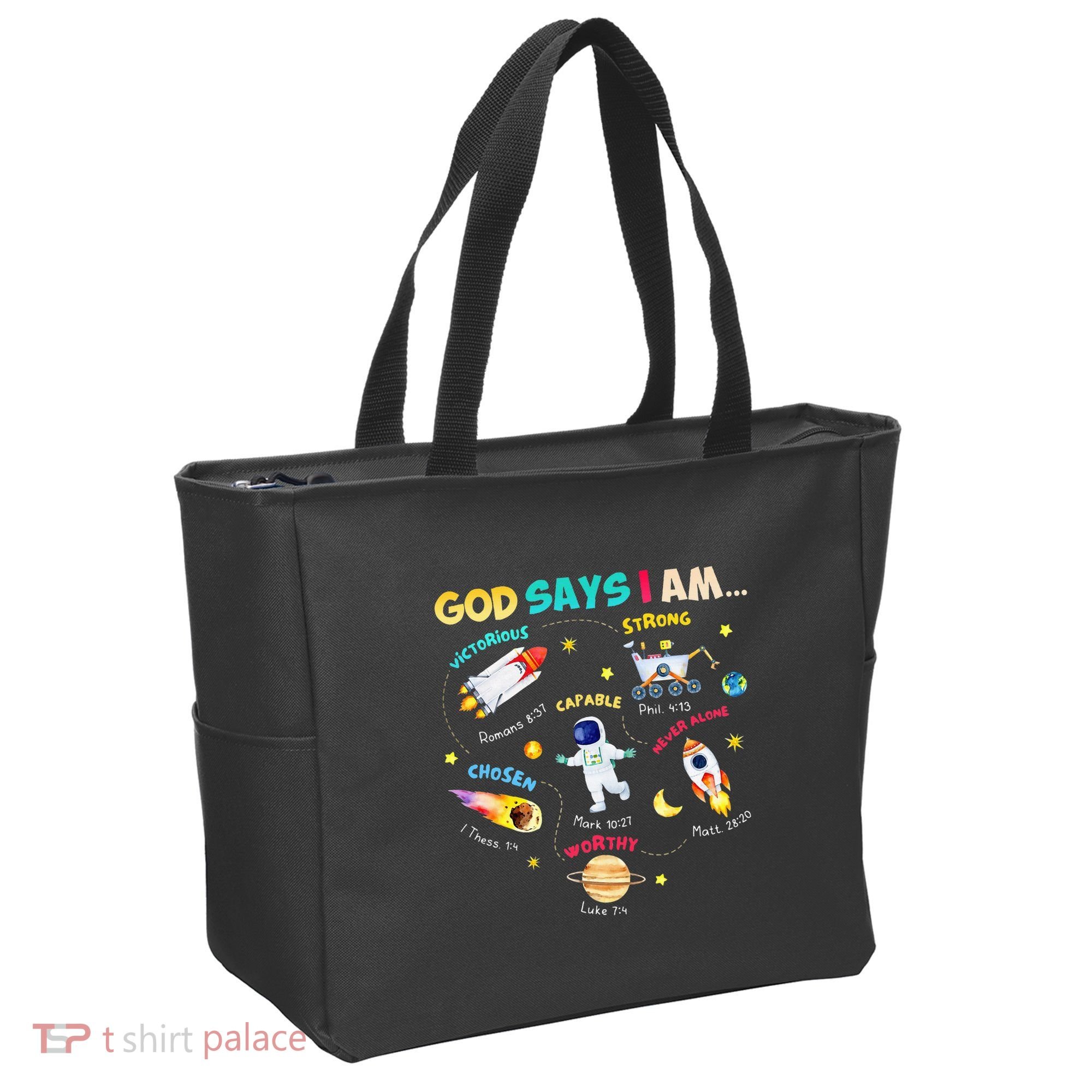 God Says I Am Outer Space Themed Bible Christian Tote Bag
