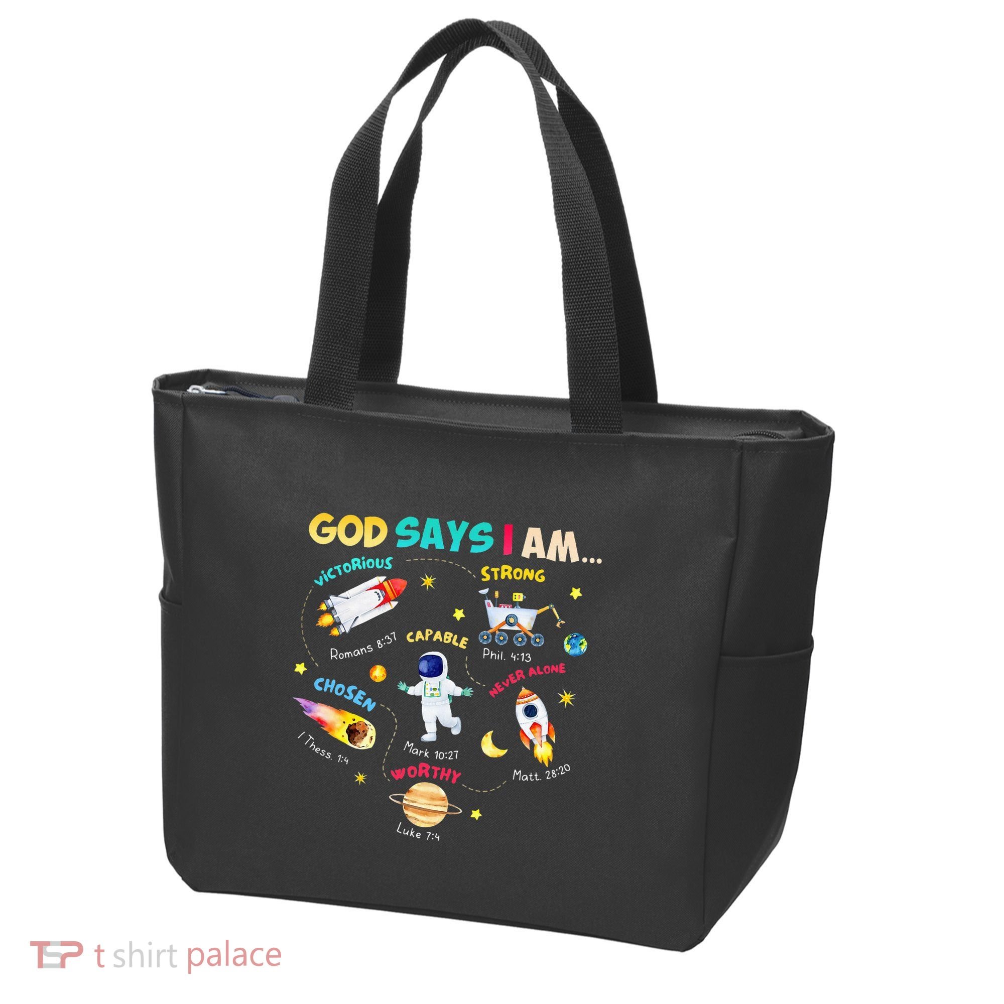 God Says I Am Outer Space Themed Bible Christian Tote Bag