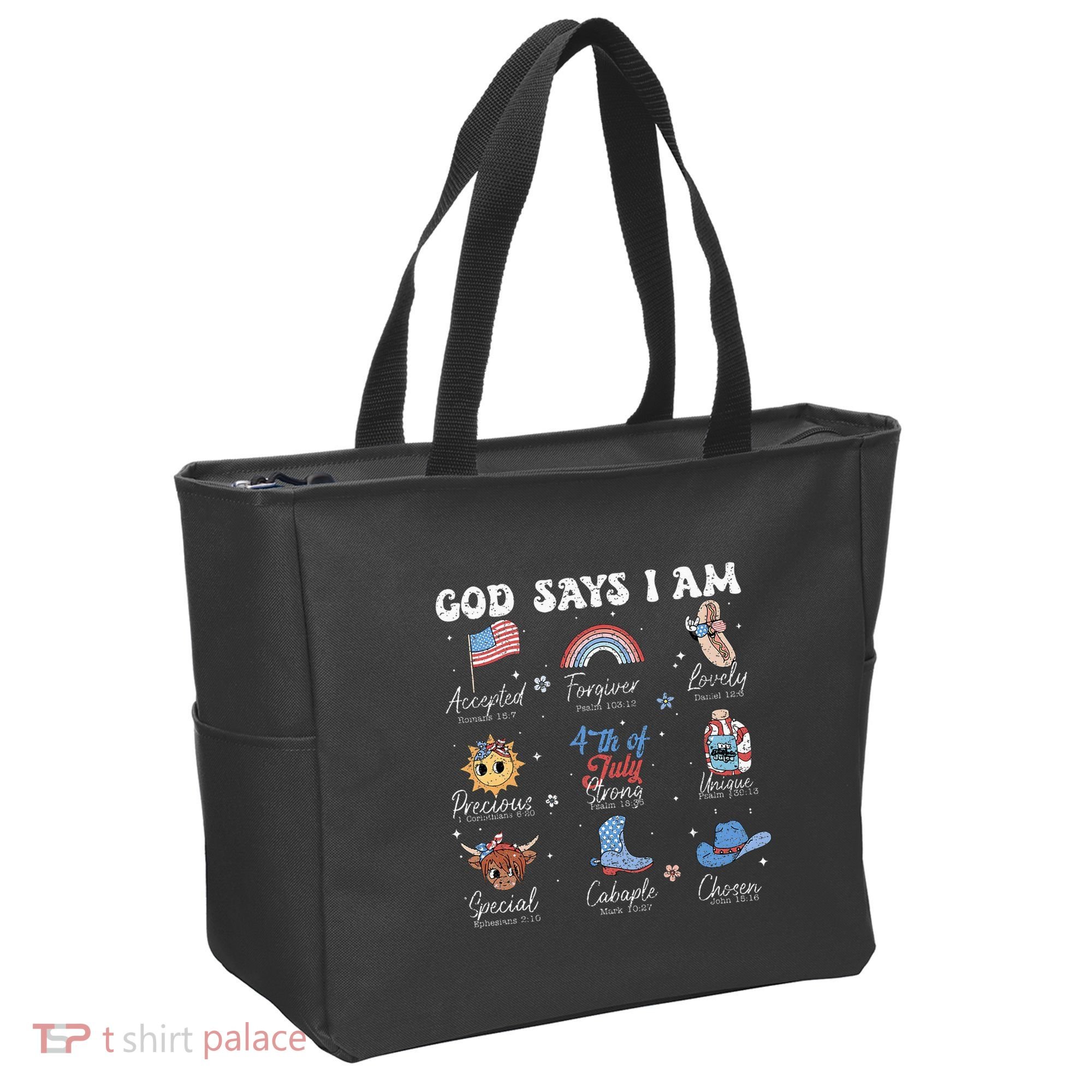 God Says I Am Funny July 4th Bible Verse Christian Tote Bag
