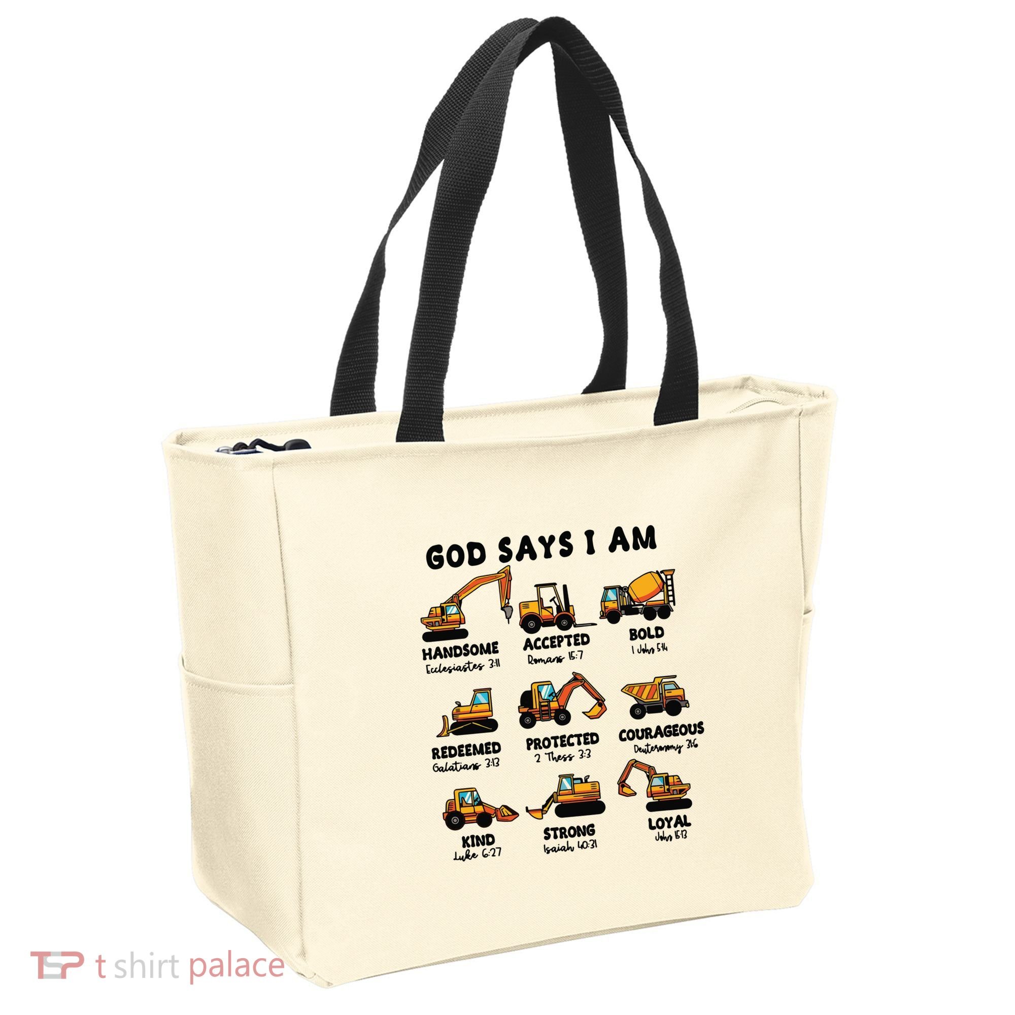 God Says I Am... Construction Trucks Bible Verses Tote Bag