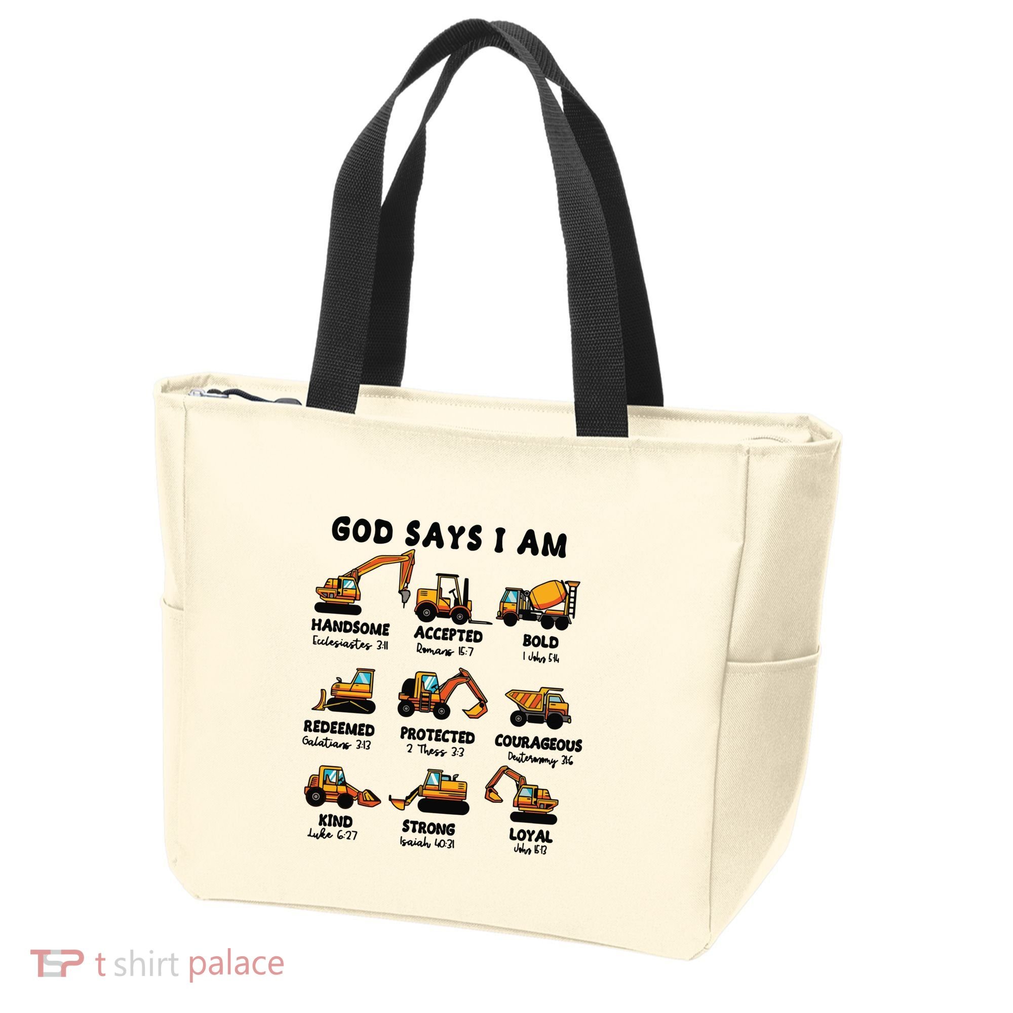 God Says I Am... Construction Trucks Bible Verses Tote Bag