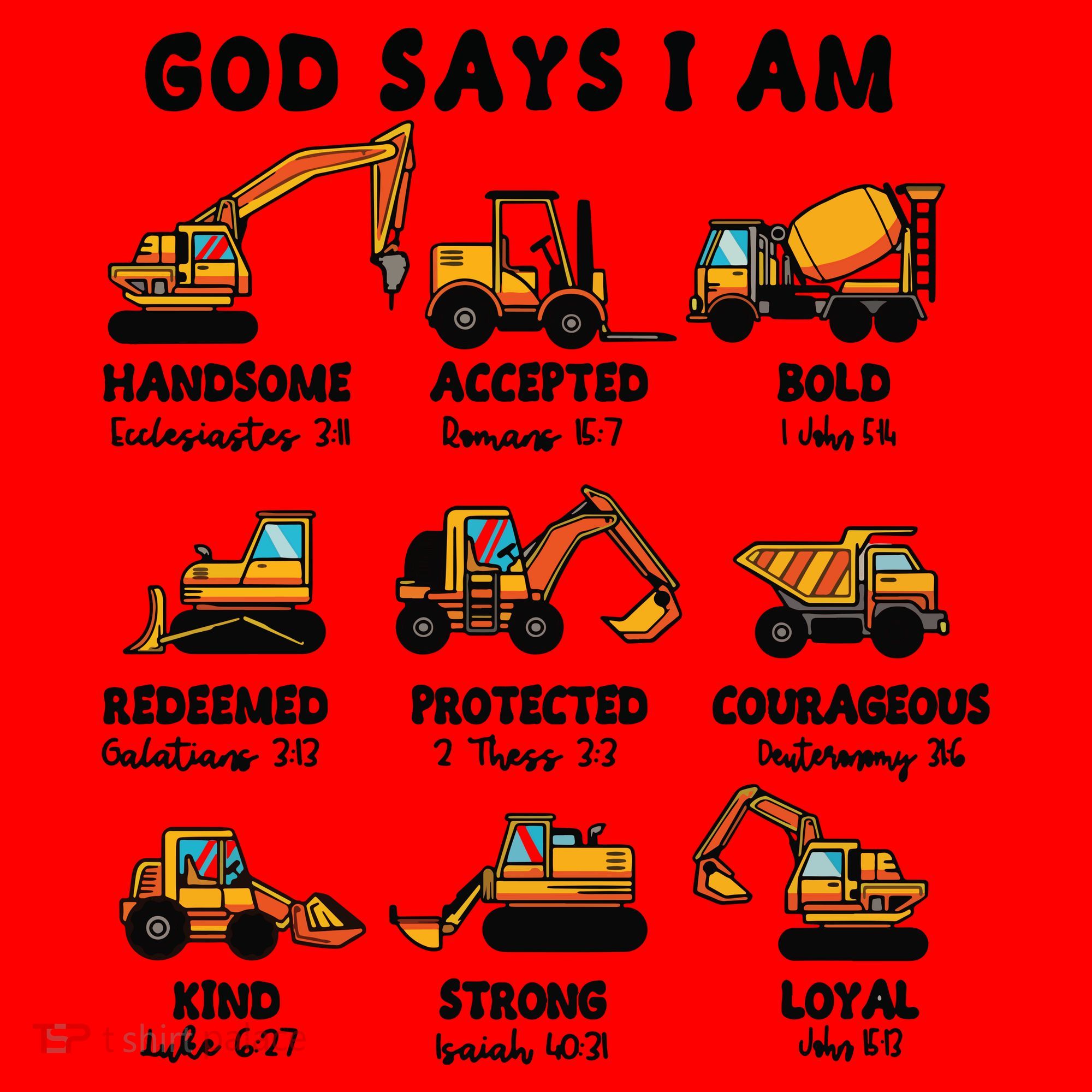 God Says I Am... Construction Trucks Bible Verses Santa Hat