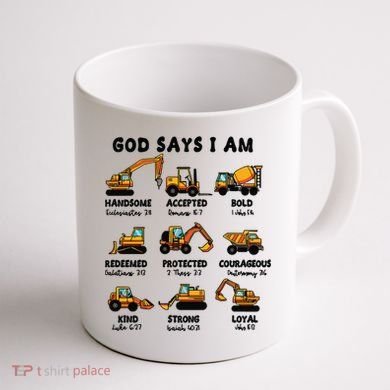 God Says I Am... Construction Trucks Bible Verses Coffee Mug back