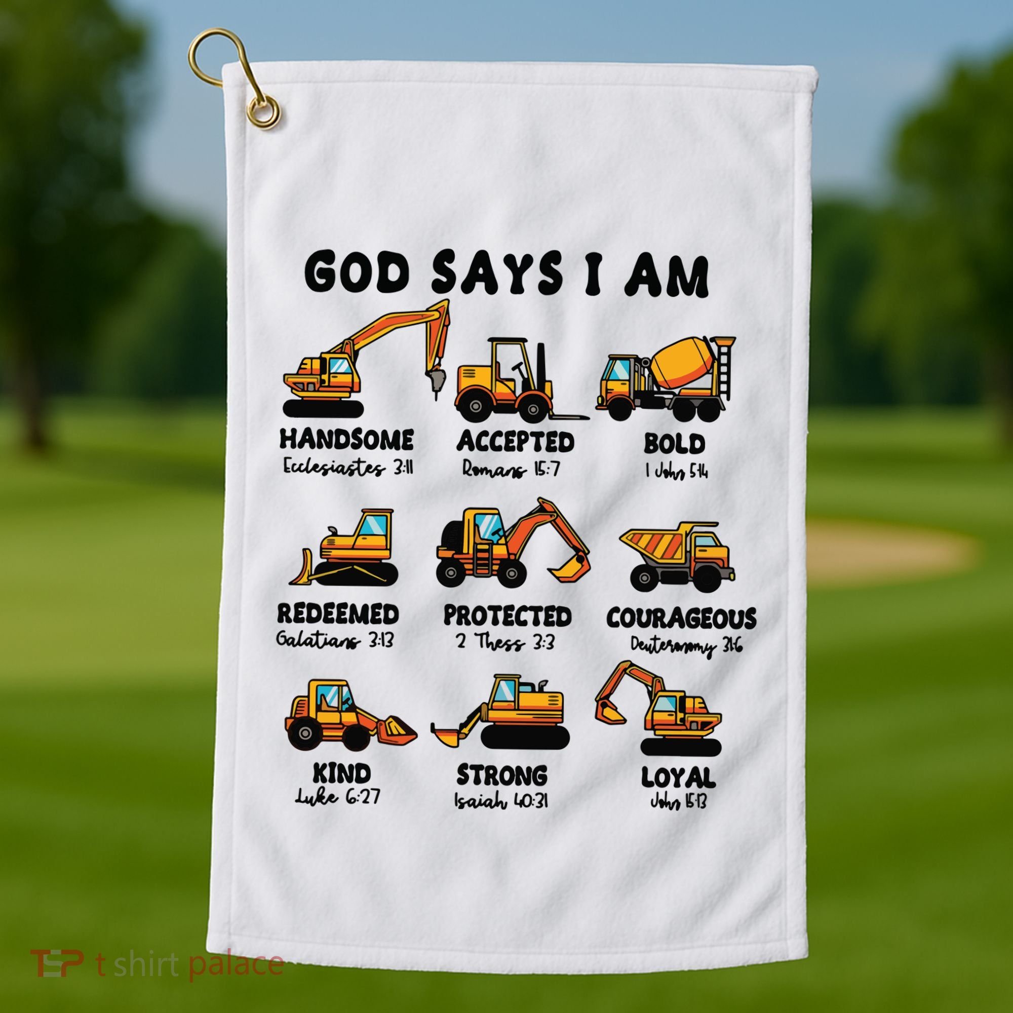 God Says I Am... Construction Trucks Bible Verses Golf Towel