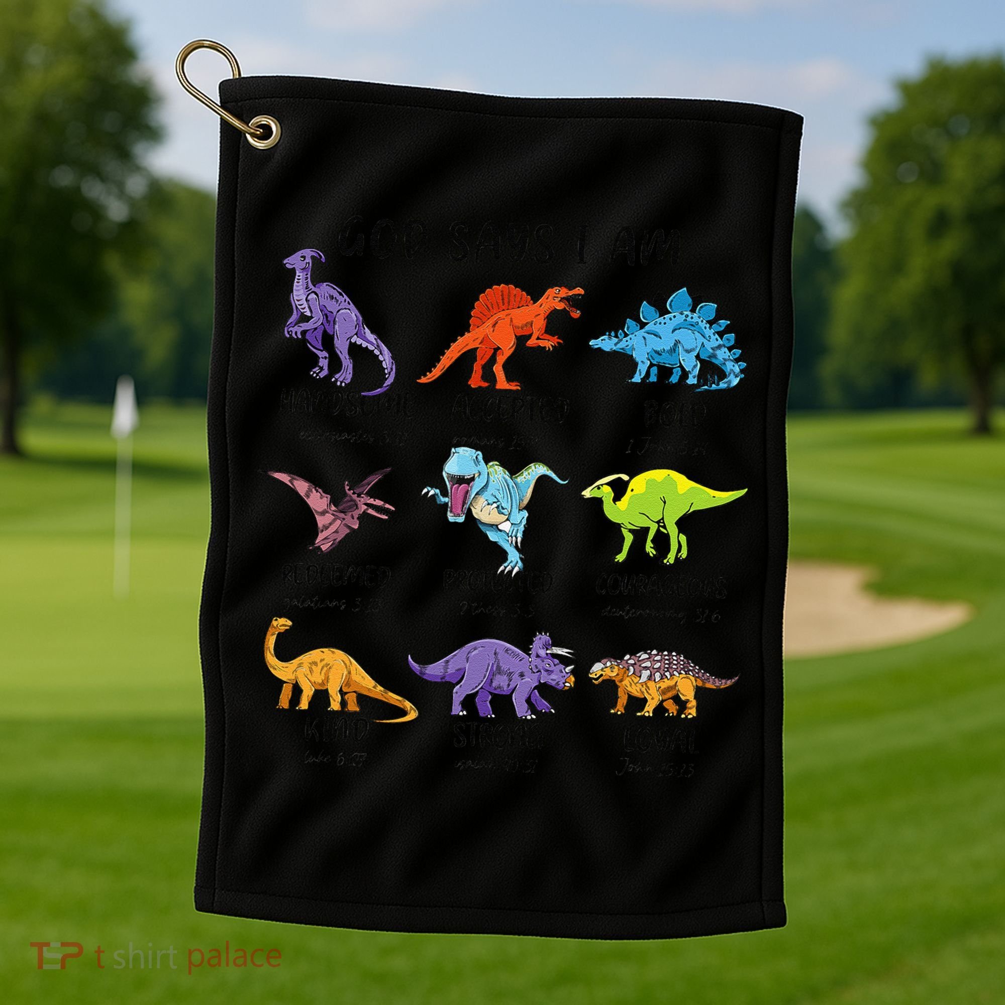 God Says I Am Funny Dinosaur Bible Verse Christian Golf Towel