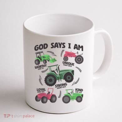 God Says I Am Tractor Lover Christian Coffee Mug back