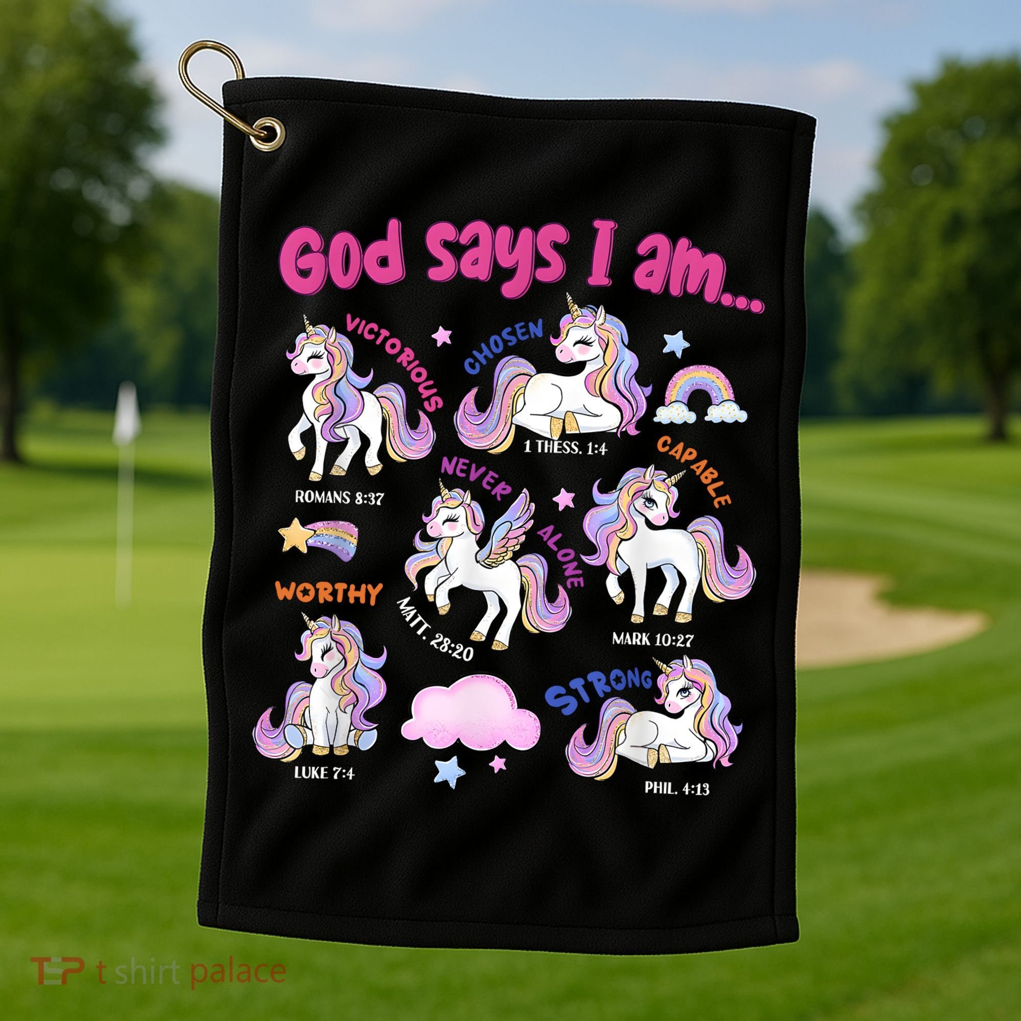 God Says I Am Cute Unicorn Bible Verse Golf Towel