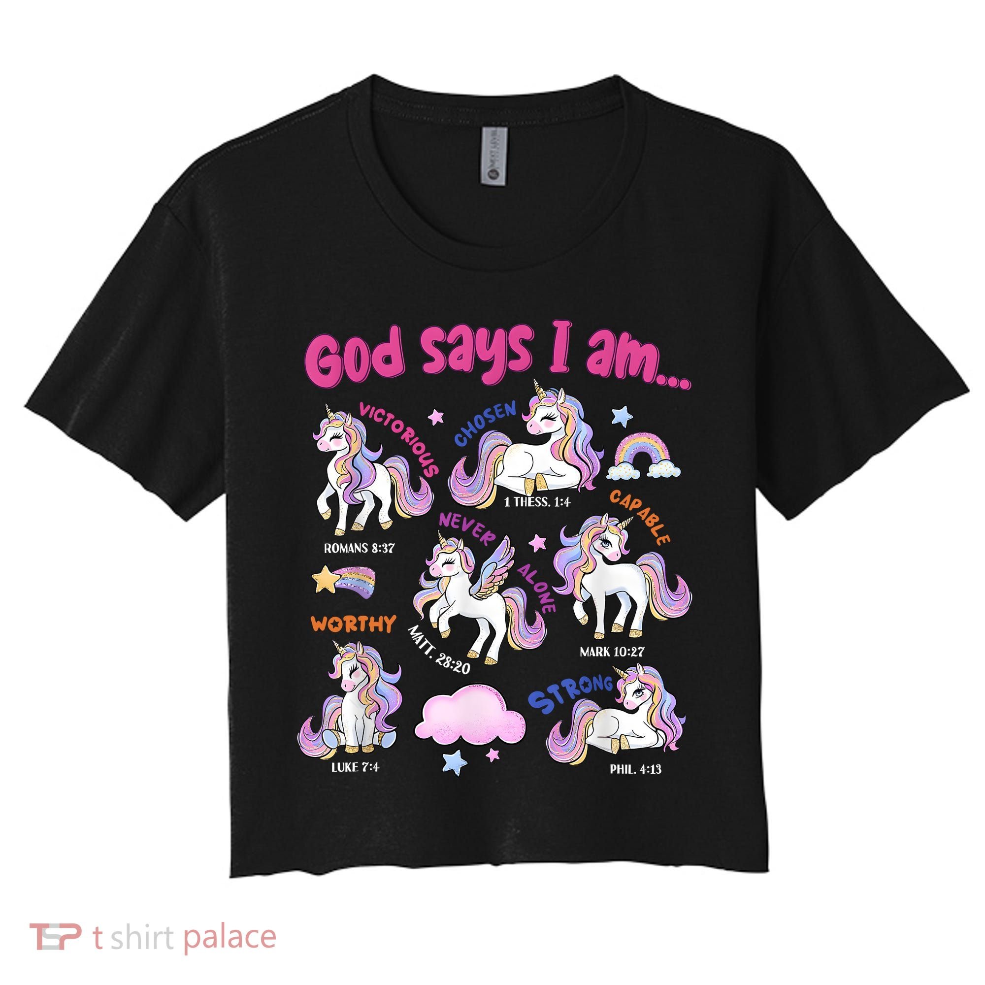 God Says I Am Cute Unicorn Bible Verse Women's Crop Top Tee