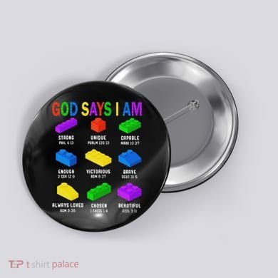 God Says I Am Building Brick Builder Block Christian Button