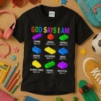 God Says I Am Building Brick Builder Block Christian Kids T-Shirt thumb 3