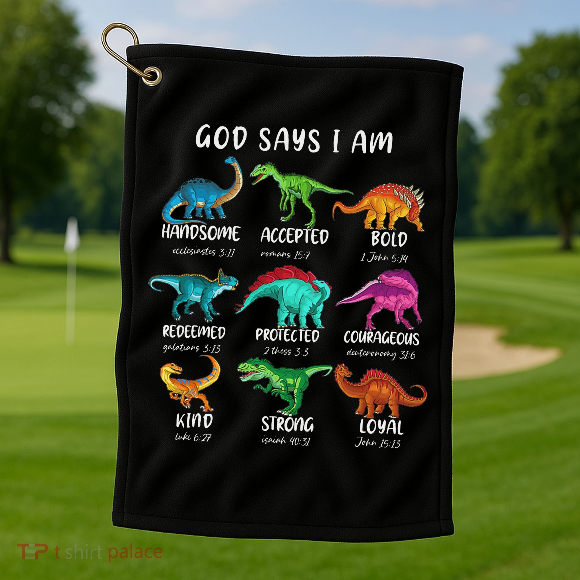 God Says I Am Dinosaur Funny Dino Bible Verse Golf Towel
