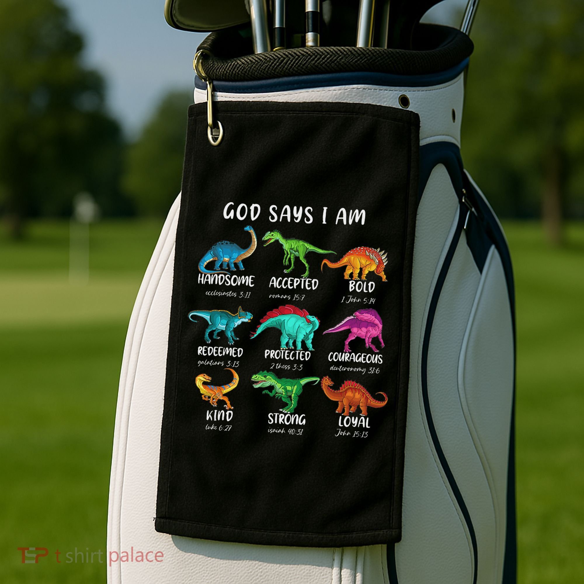 God Says I Am Dinosaur Funny Dino Bible Verse Golf Towel