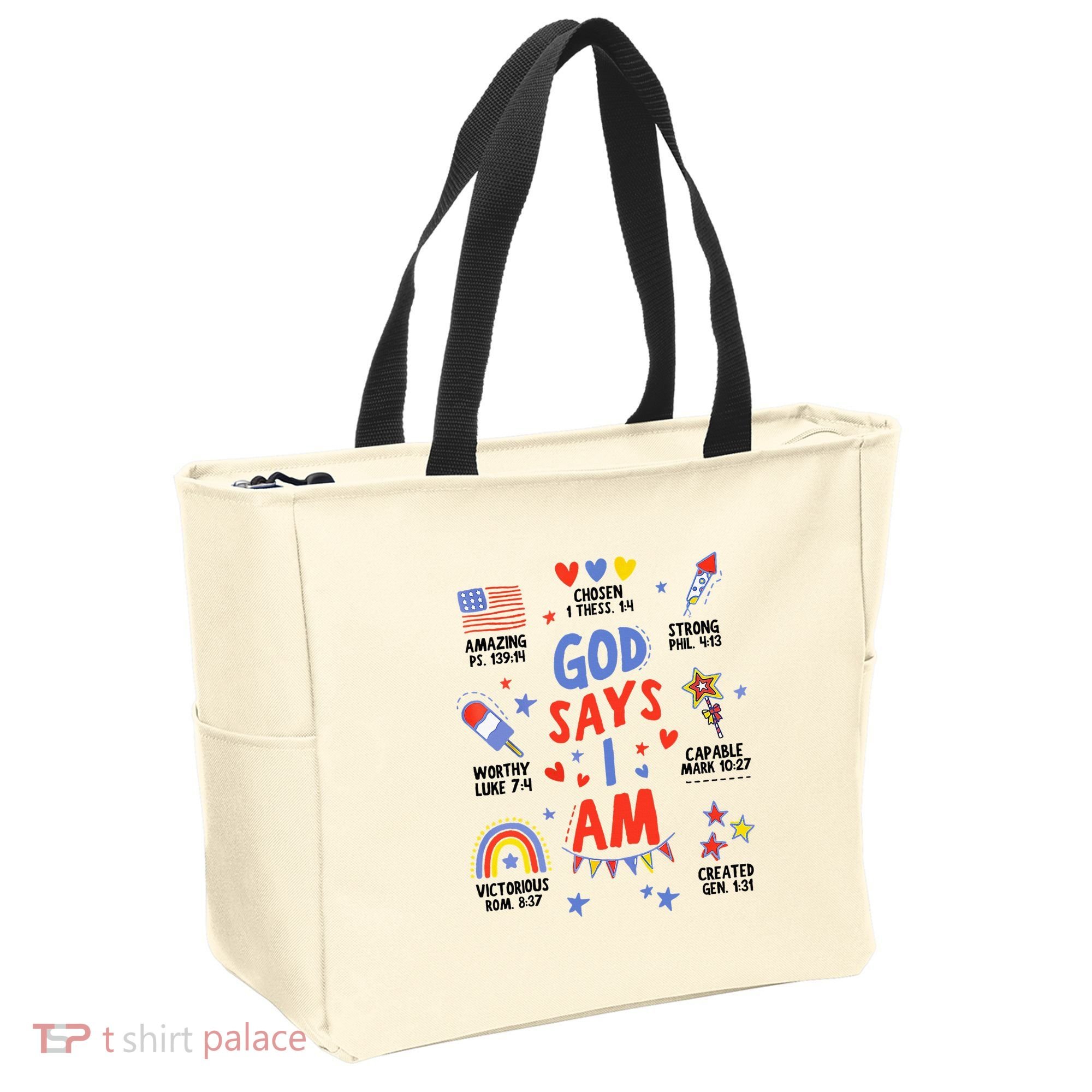 God Says I Am July 4th Christian Bible Verse Tote Bag