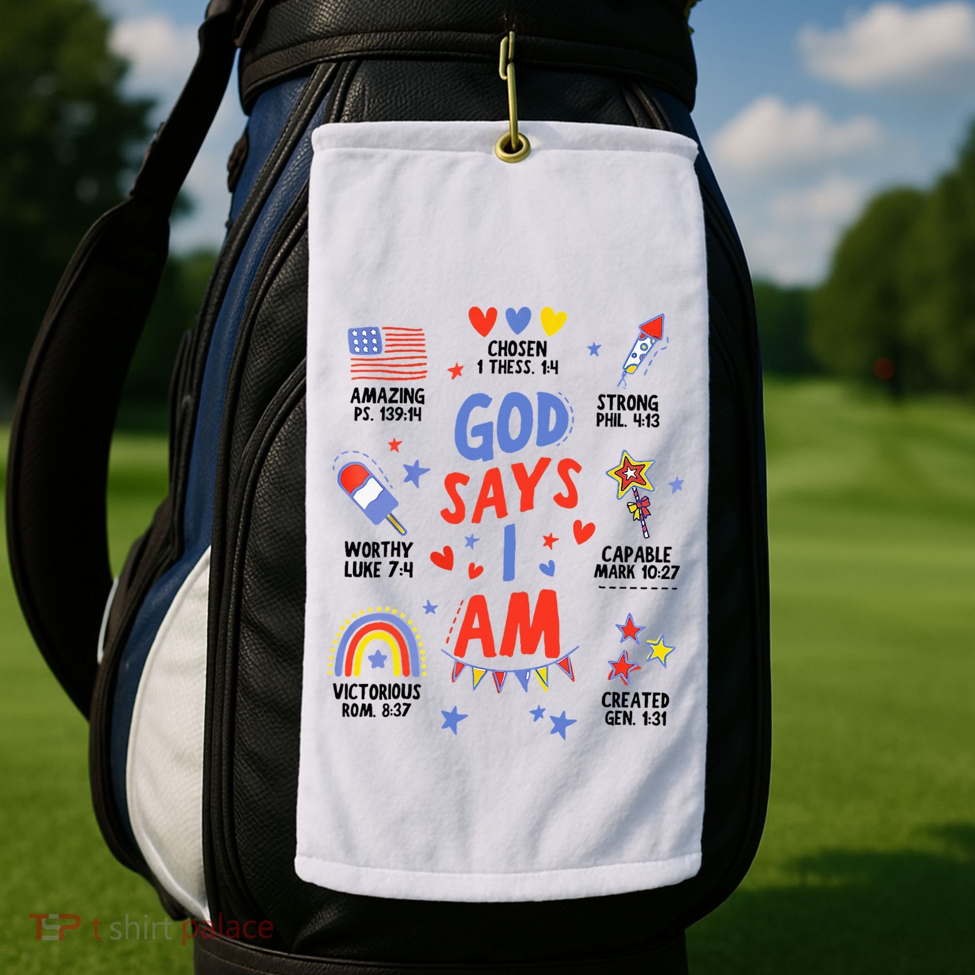 God Says I Am July 4th Christian Bible Verse Golf Towel