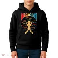 God Says I Am Black Melanin Black Retro Juneteenth Kids Hoodie thumb 4