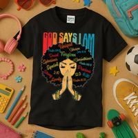 God Says I Am Black Melanin Black Retro Juneteenth Kids T-Shirt thumb 3
