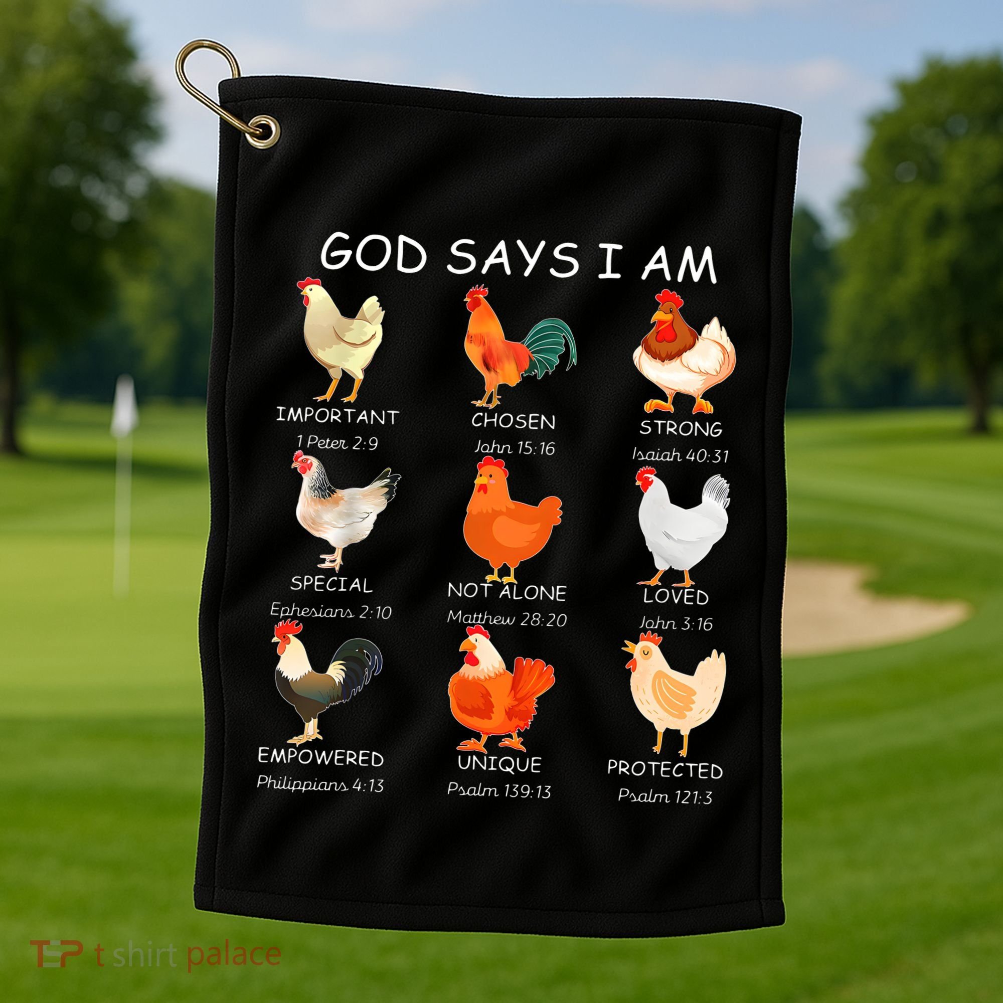 God Says I Am Bible Verse Christian Farm Chickens Religious Golf Towel
