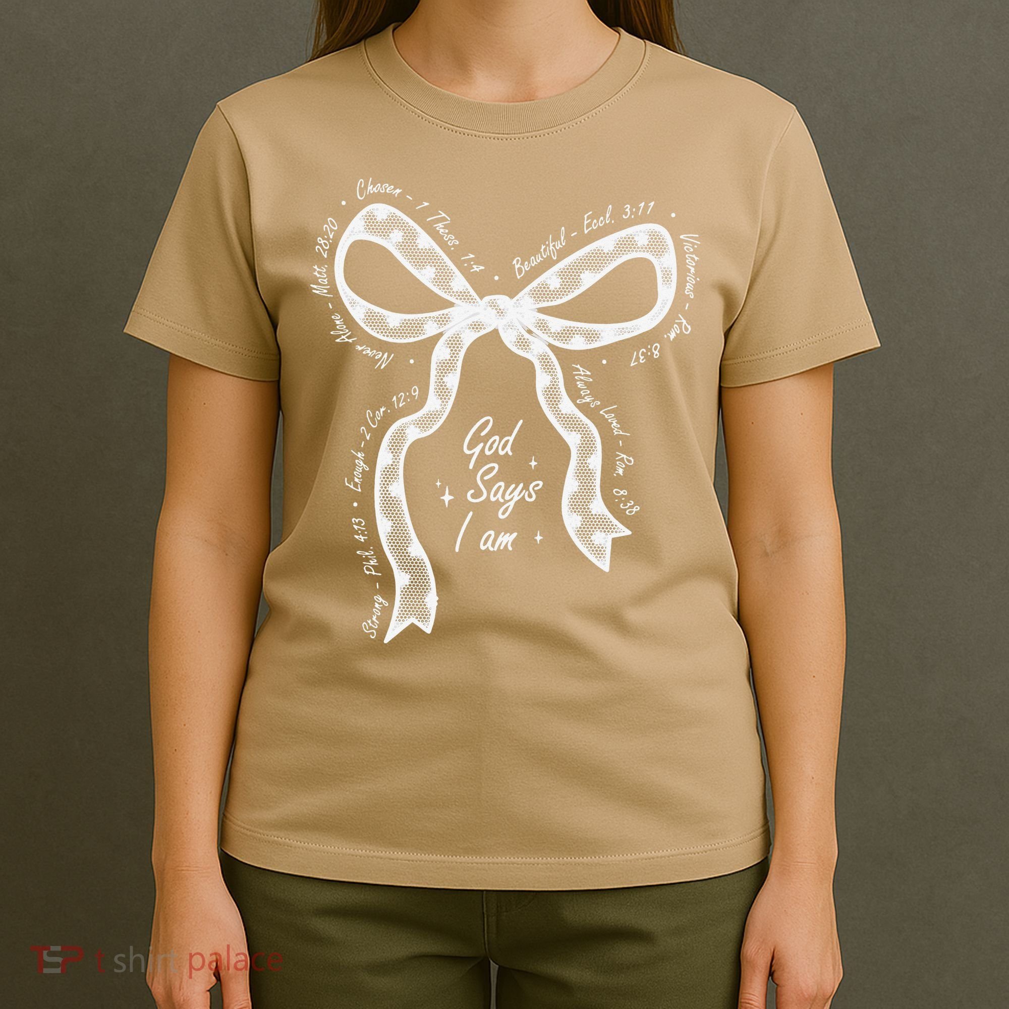 God Says I Am Lace Coquette Bow Christian Bible Verse Jesus T-Shirt