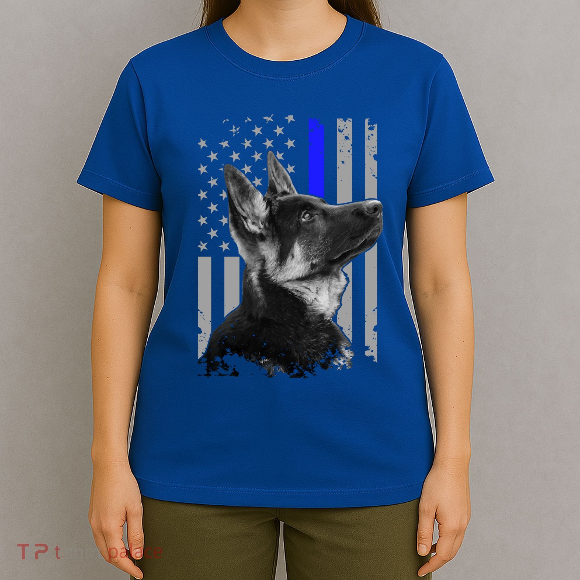 Ger Shepherd K9 Unit Thin Blue Line Flag Police Gift T-Shirt