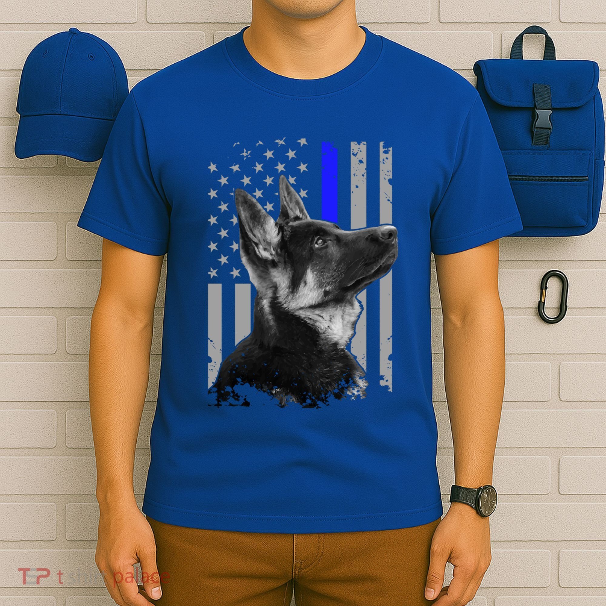 Ger Shepherd K9 Unit Thin Blue Line Flag Police Gift T-Shirt
