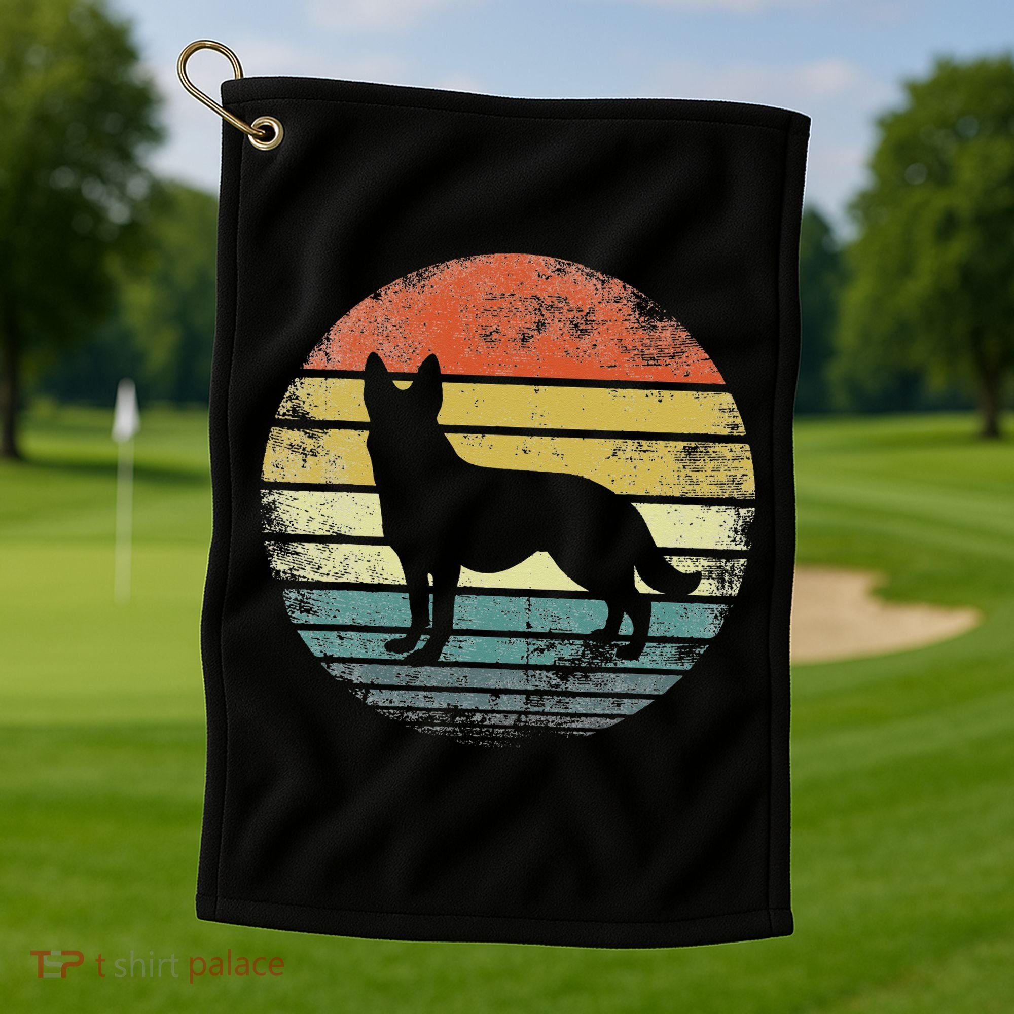 German Shepherd Lover Owner Gift Retro Sunset Dog Golf Towel
