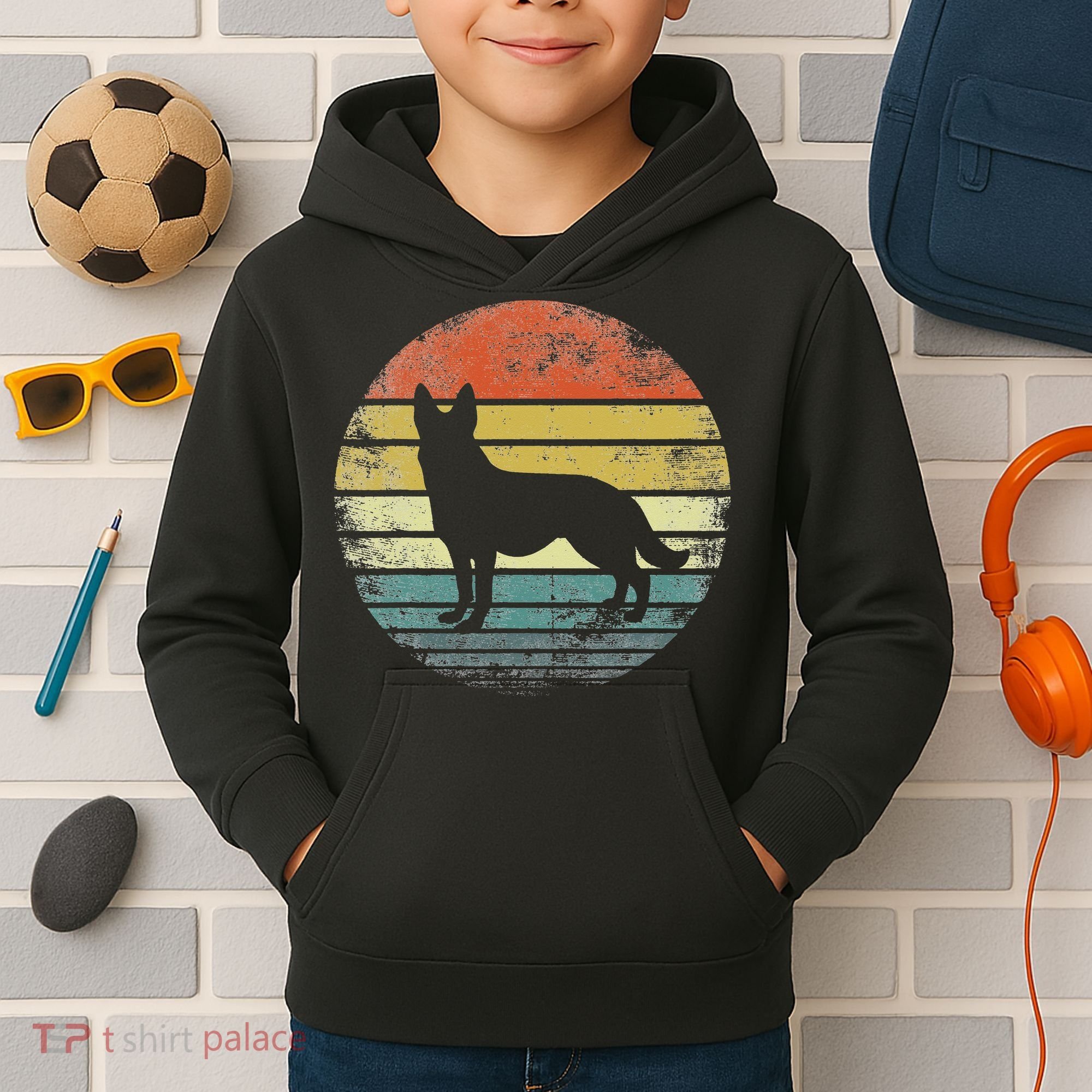 German Shepherd Lover Owner Gift Retro Sunset Dog Kids Hoodie