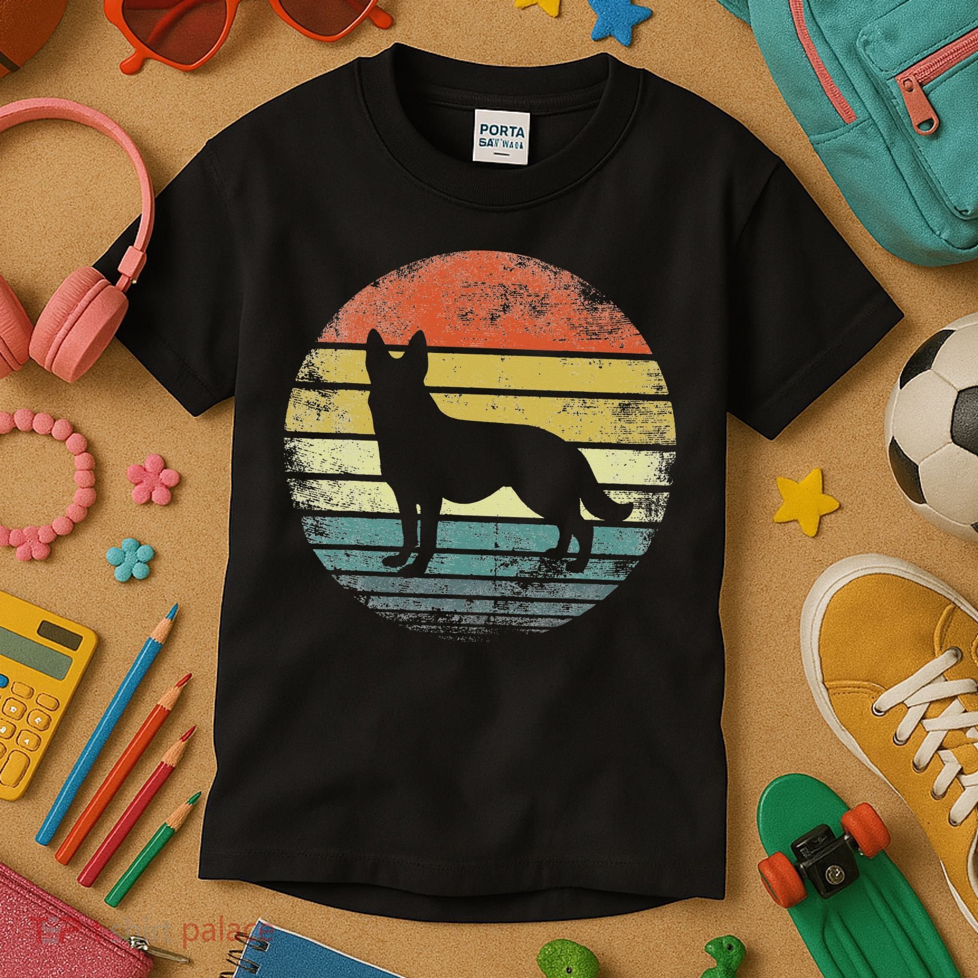 German Shepherd Lover Owner Gift Retro Sunset Dog Kids T-Shirt