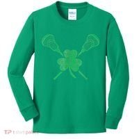 Green Shamrock Lacrosse Irish St Patrick's Day Kids Long Sleeve Shirt thumb 0