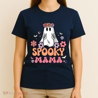 Groovy Spooky Mama Floral Ghost Halloween Spooky Mom Wo T-Shirt thumb 4