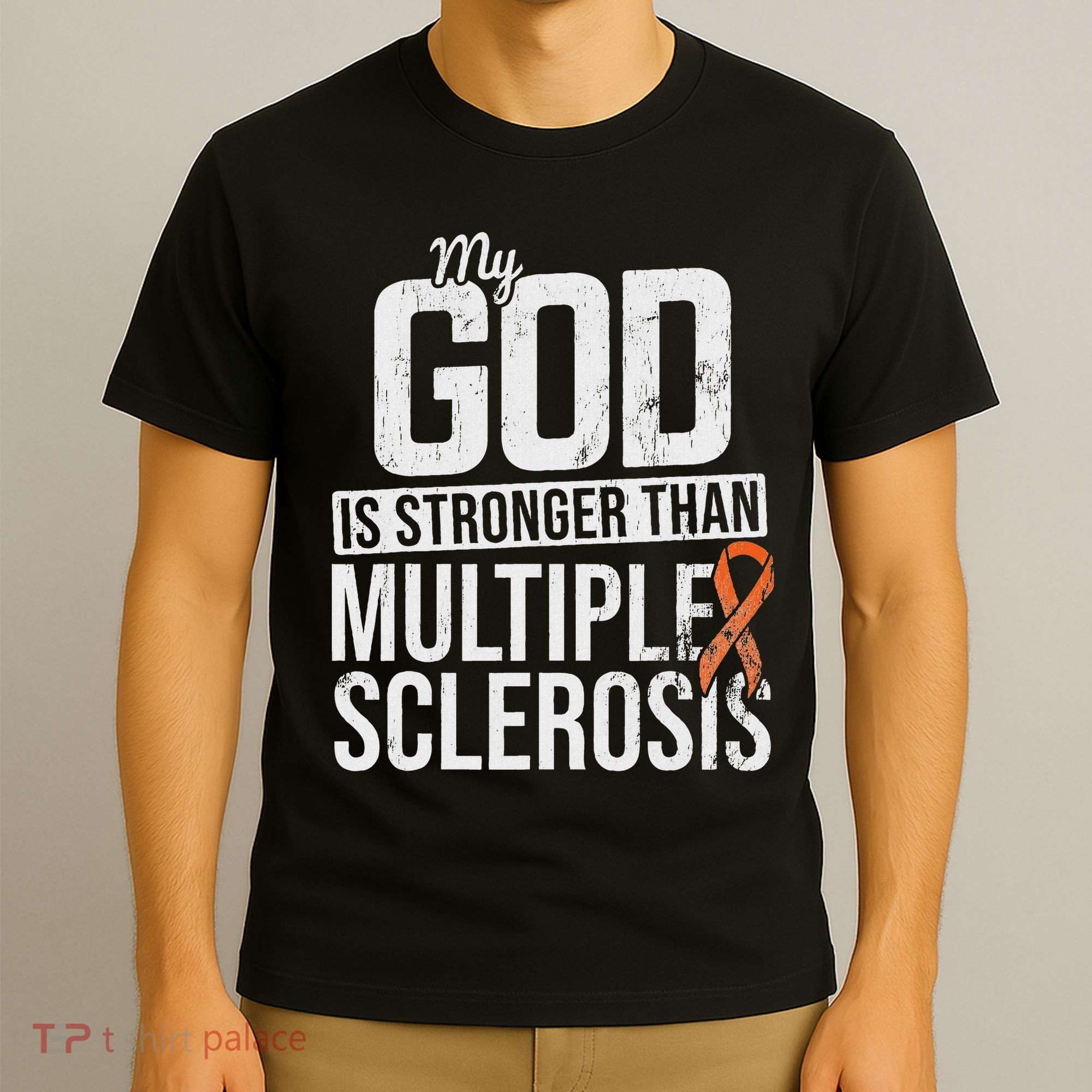 God Stronger Multiple Sclerosis Ms Awareness Orange Ribbon T-Shirt
