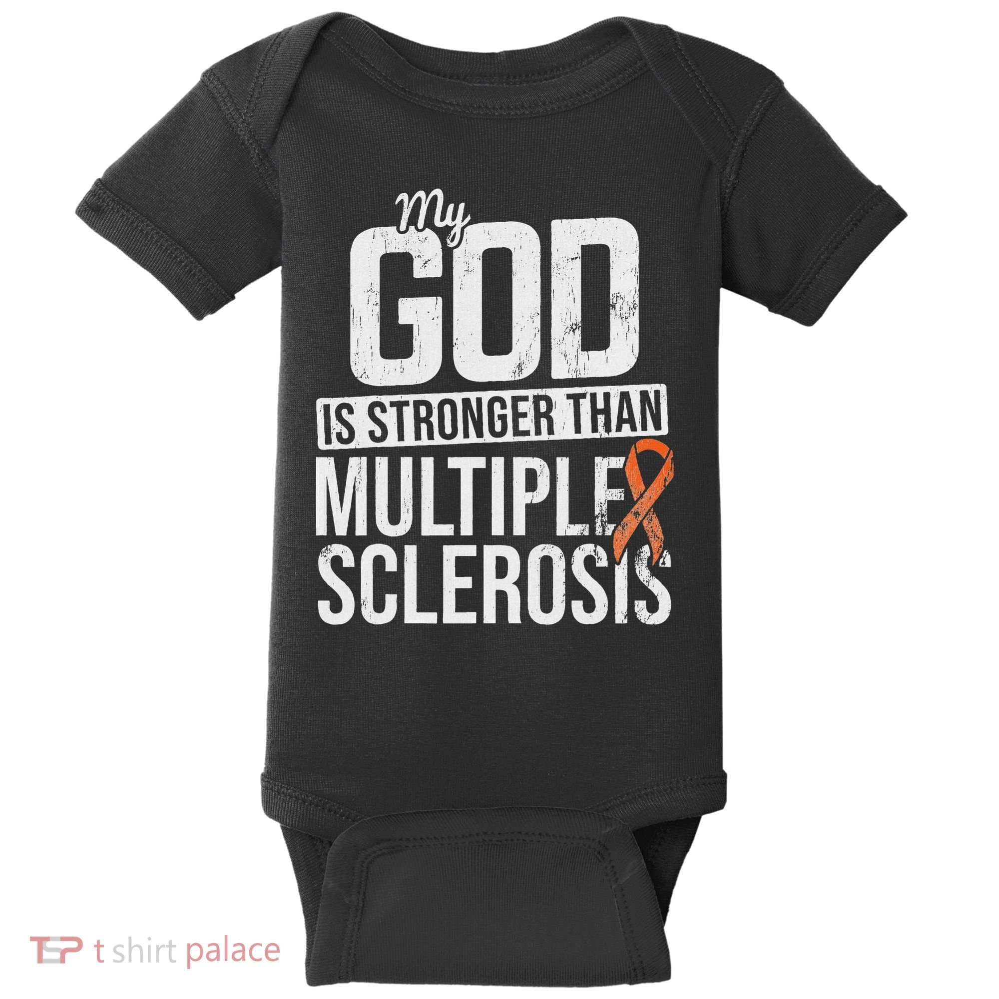 God Stronger Multiple Sclerosis Ms Awareness Orange Ribbon Baby Bodysuit