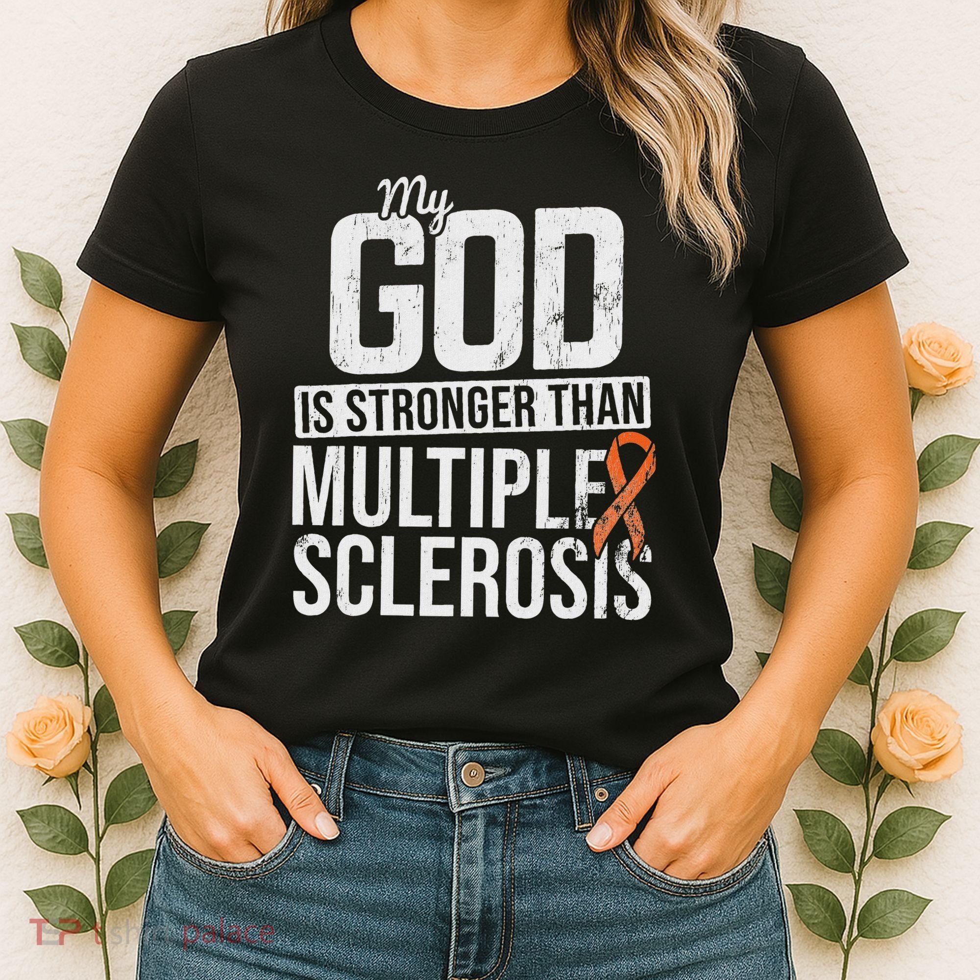 God Stronger Multiple Sclerosis Ms Awareness Orange Ribbon Women's T-Shirt
