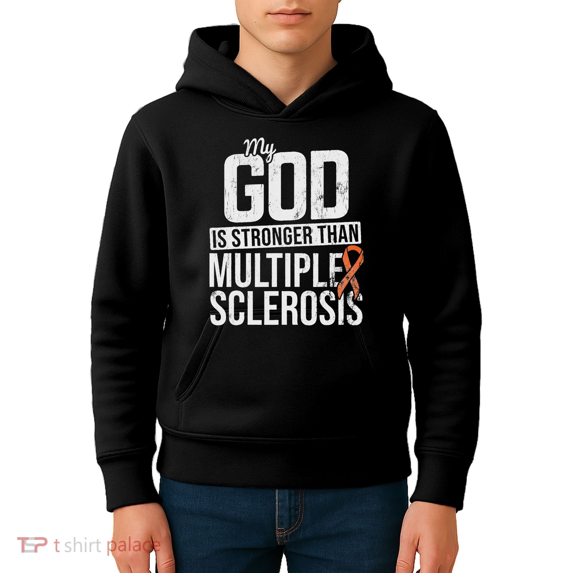 God Stronger Multiple Sclerosis Ms Awareness Orange Ribbon Kids Hoodie