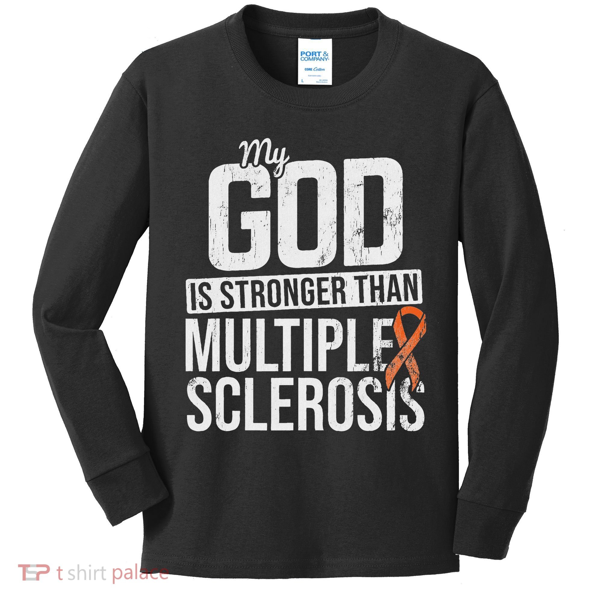 God Stronger Multiple Sclerosis Ms Awareness Orange Ribbon Kids Long Sleeve Shirt