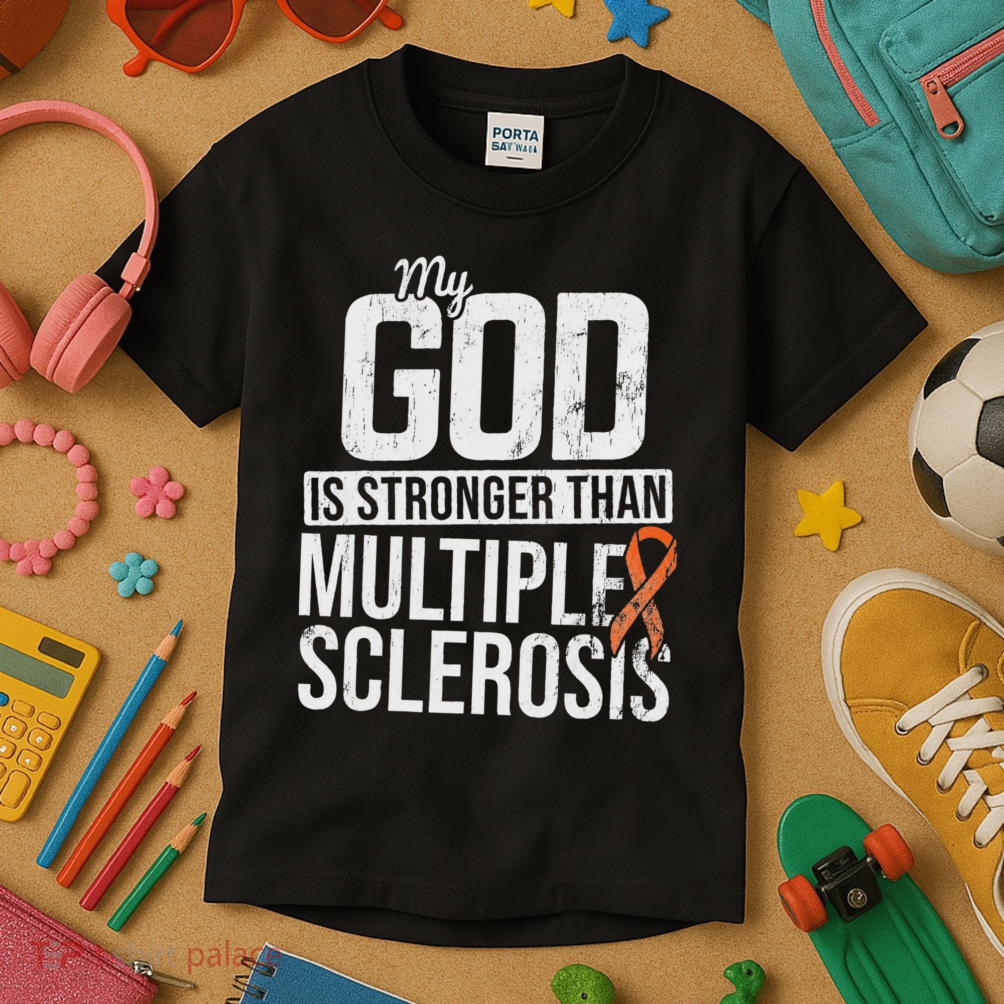 God Stronger Multiple Sclerosis Ms Awareness Orange Ribbon Kids T-Shirt
